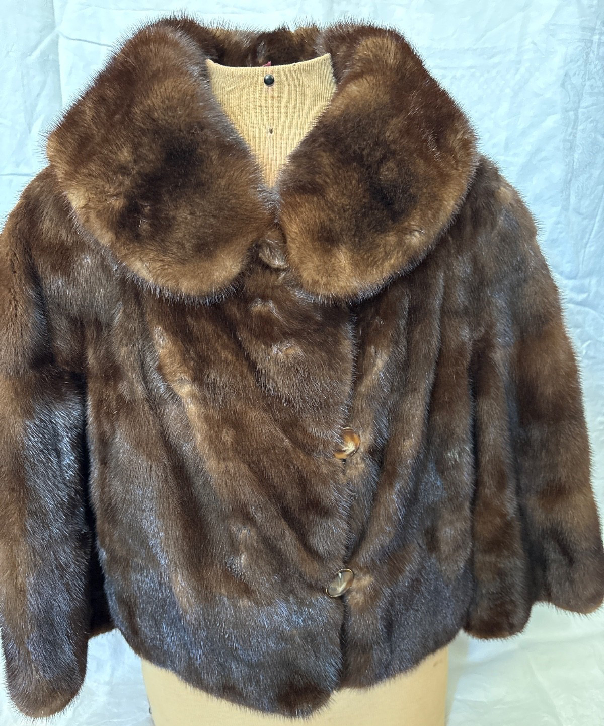 VINTAGE Brown Mink 50’s SHRUG JACKET LADIES SMALL-Shawl Collar-Bracelet Sleeves