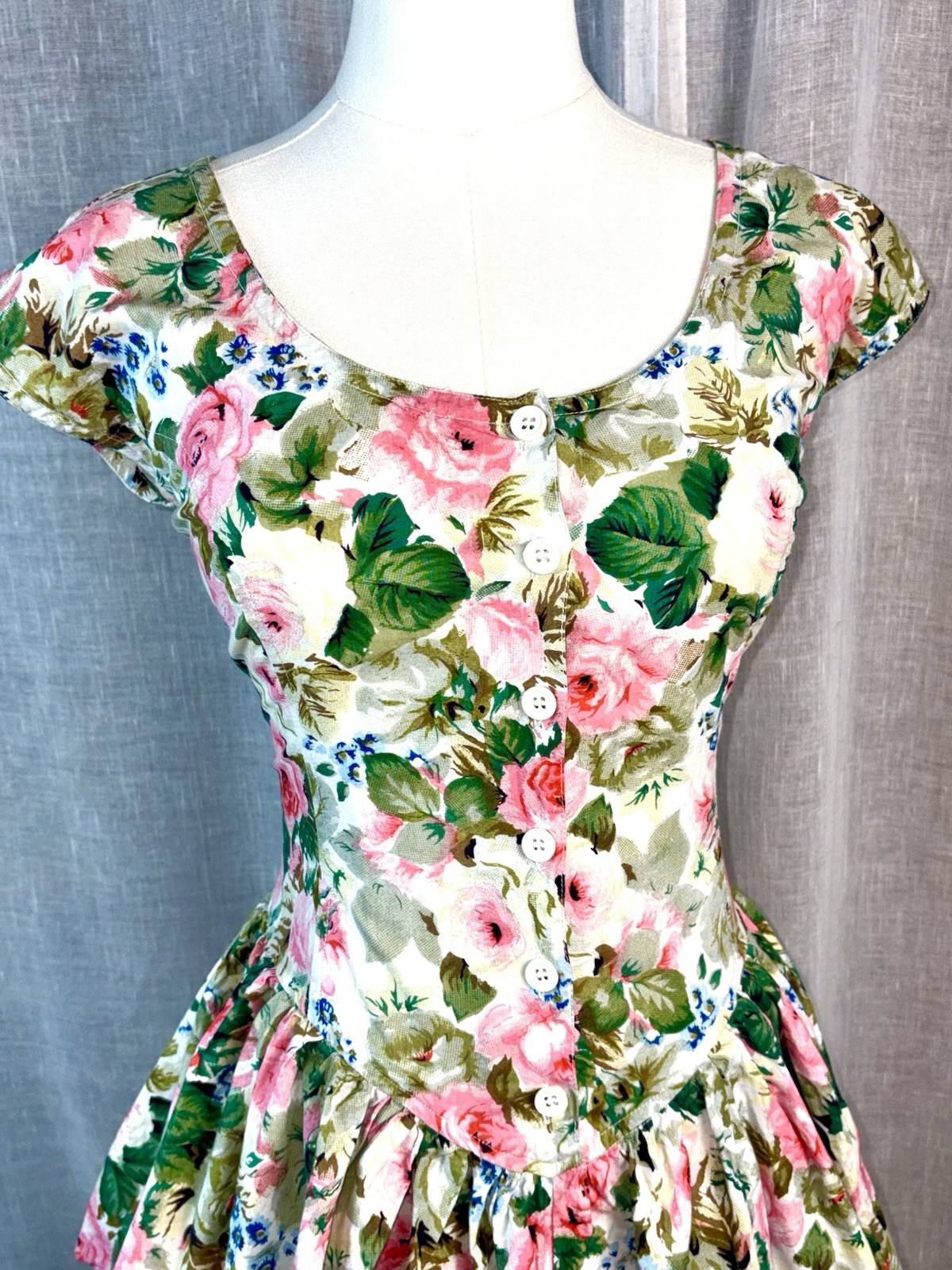 Vintage 80s Cotton Tiered Dress Rose Floral Coquette Fairy Cottagecore Sz Large