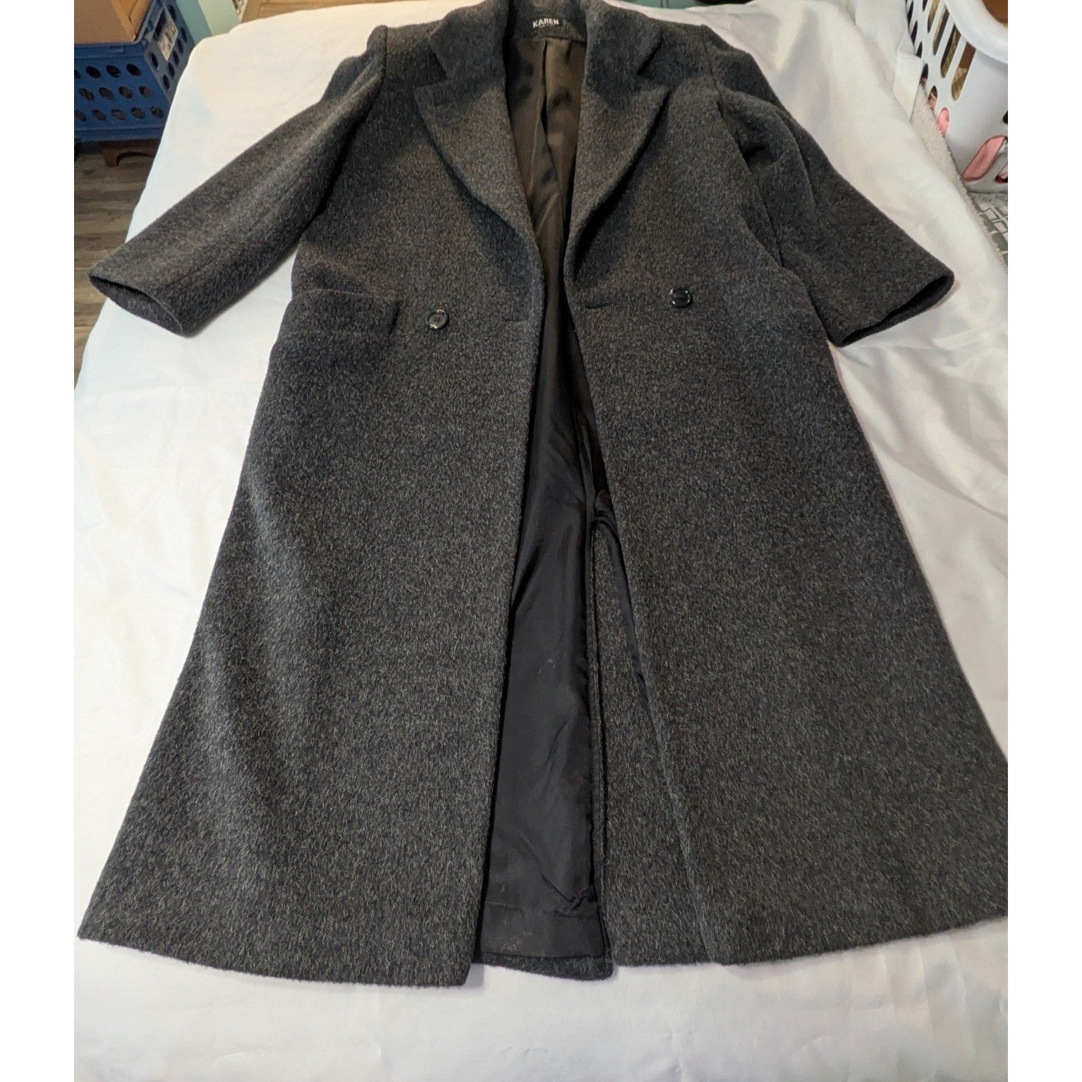 Karen Wool Mohair Long Overcoat Womens L Charcoal Grey Excellent Vintage USA