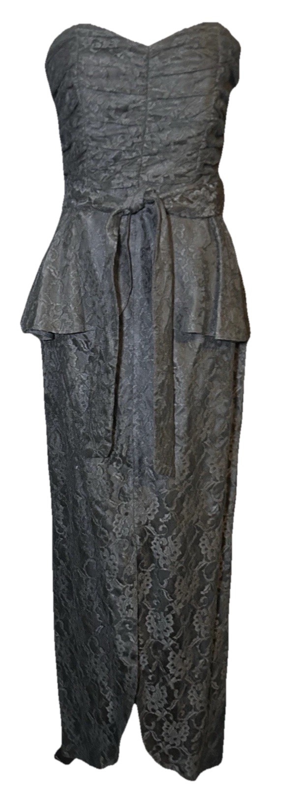 Vintage Strapless Bustier Dress Gown Black Lace Satin Pencil Peplum Witchy