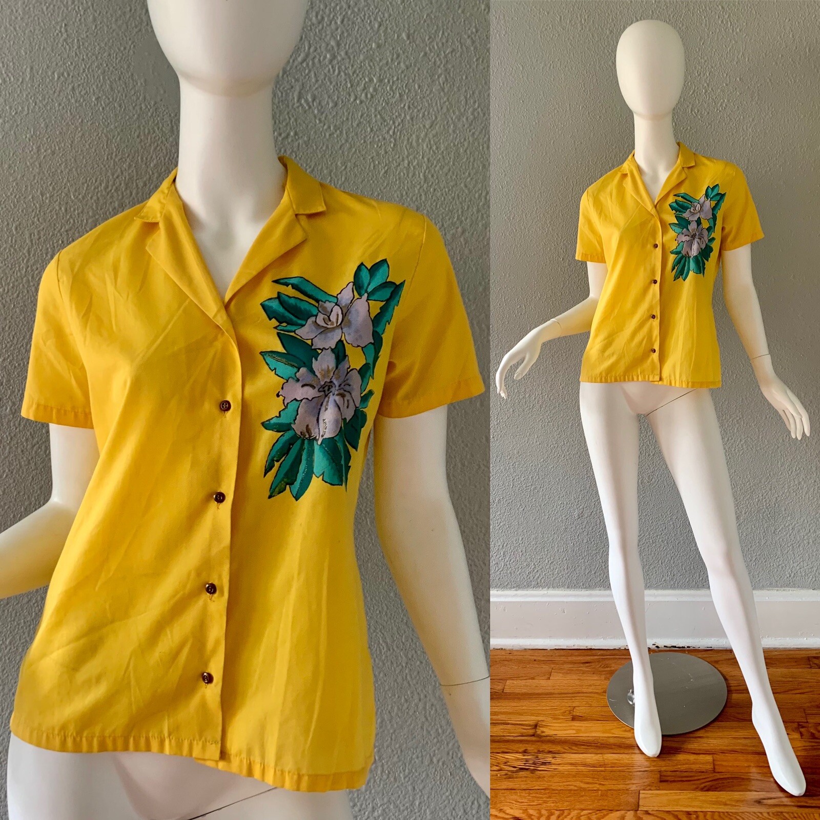 Vintage 70s Yellow Hand Painted Flower Boho Hippie Button Shirt Top M