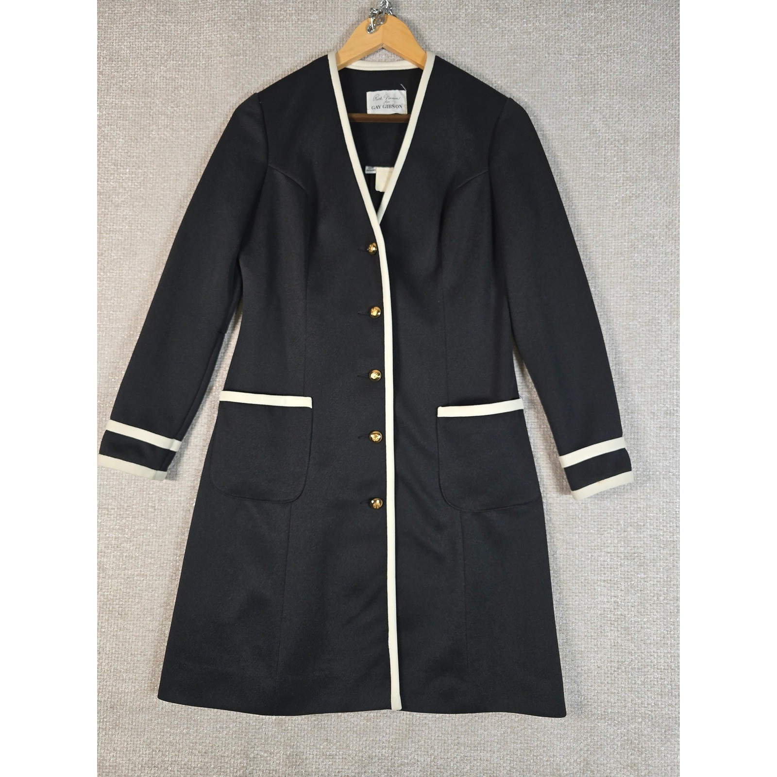 Gay Gibson Ruth Norman Vintage 60s Dress Coat Mod Nautical Gold Button Black 8