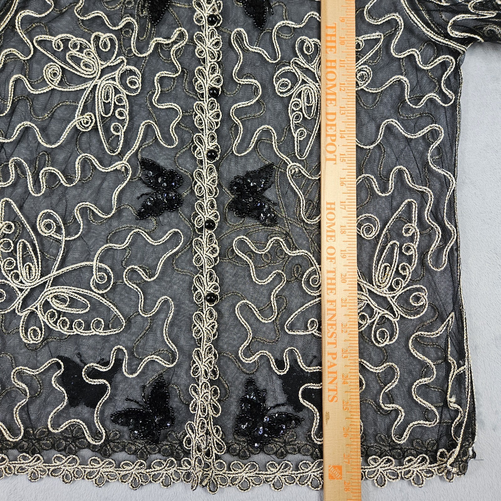 VTG Womens Butterfly 3D Embroidered Sheer Mesh Cardigan Shirt Black Gold No Tag