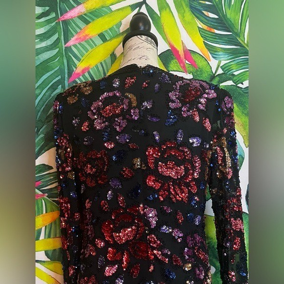 Vintage 80s Womens Party S 100% Silk Black Red Pink Floral Beaded Sequin Blouse