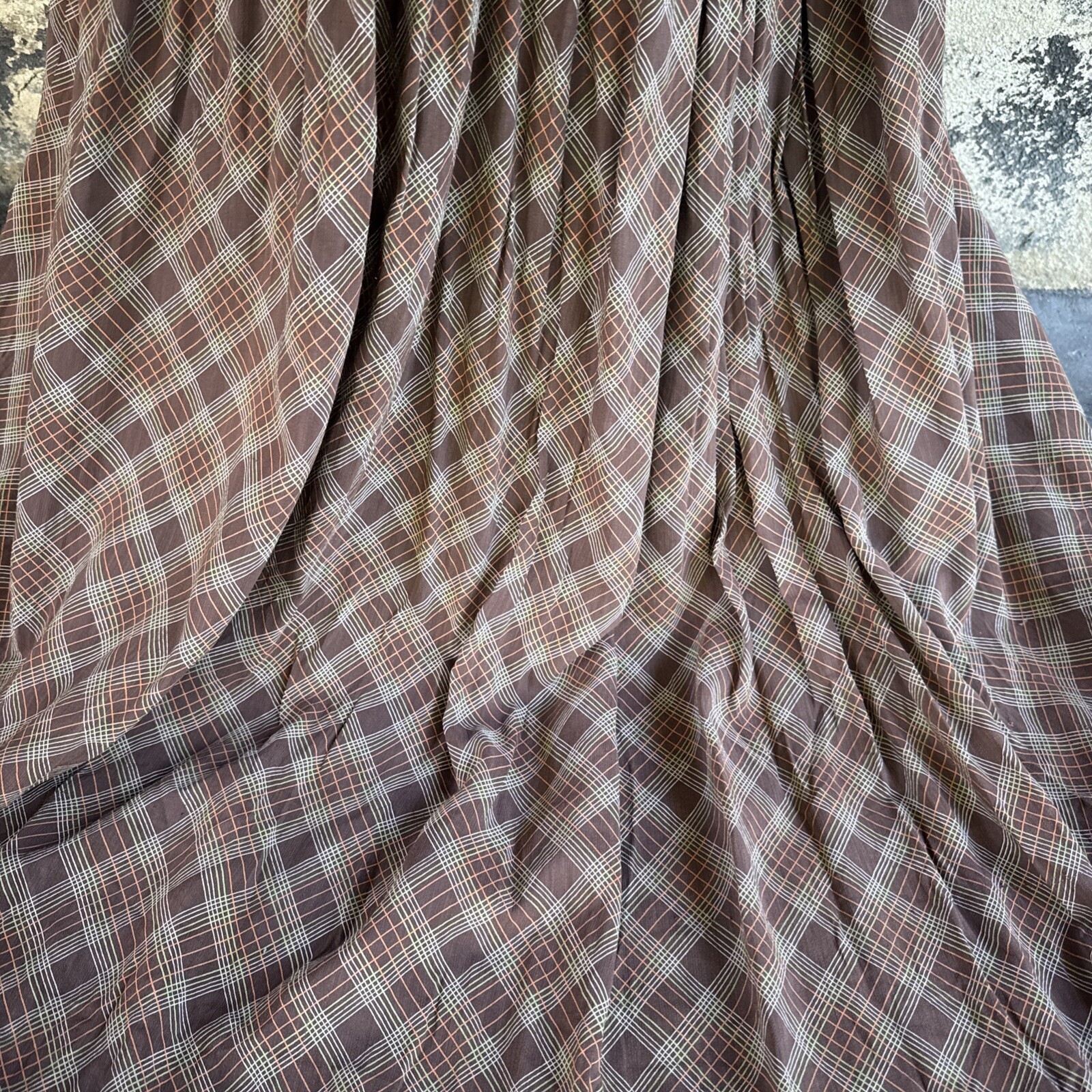 Vintage 1930s Brown Green & Orange Plaid Linen Dress Maxi Bell Sleeves Wooden