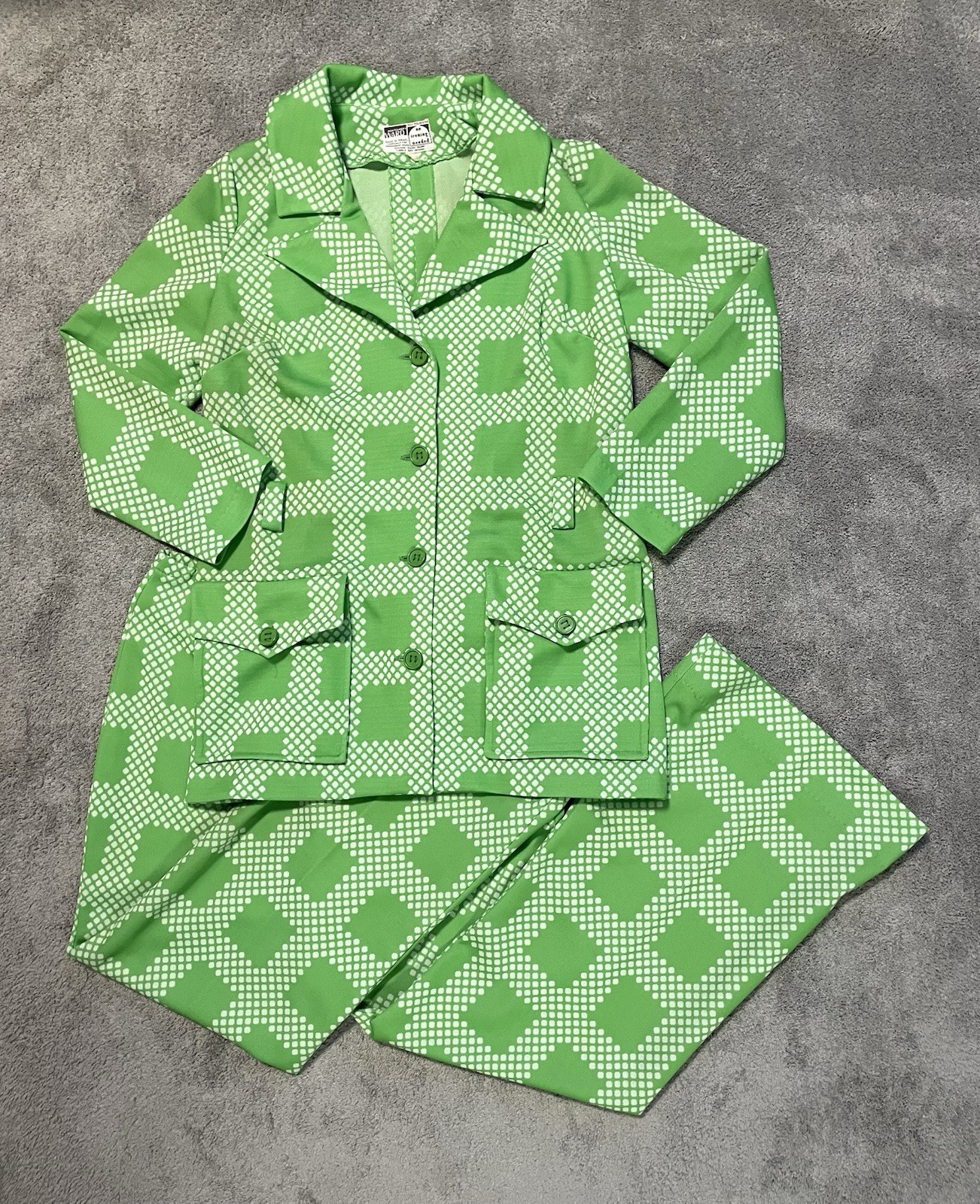 Vintage 70s Montgomery Ward Green Geometric Bell Bottom Leisure Suit Womens S 12