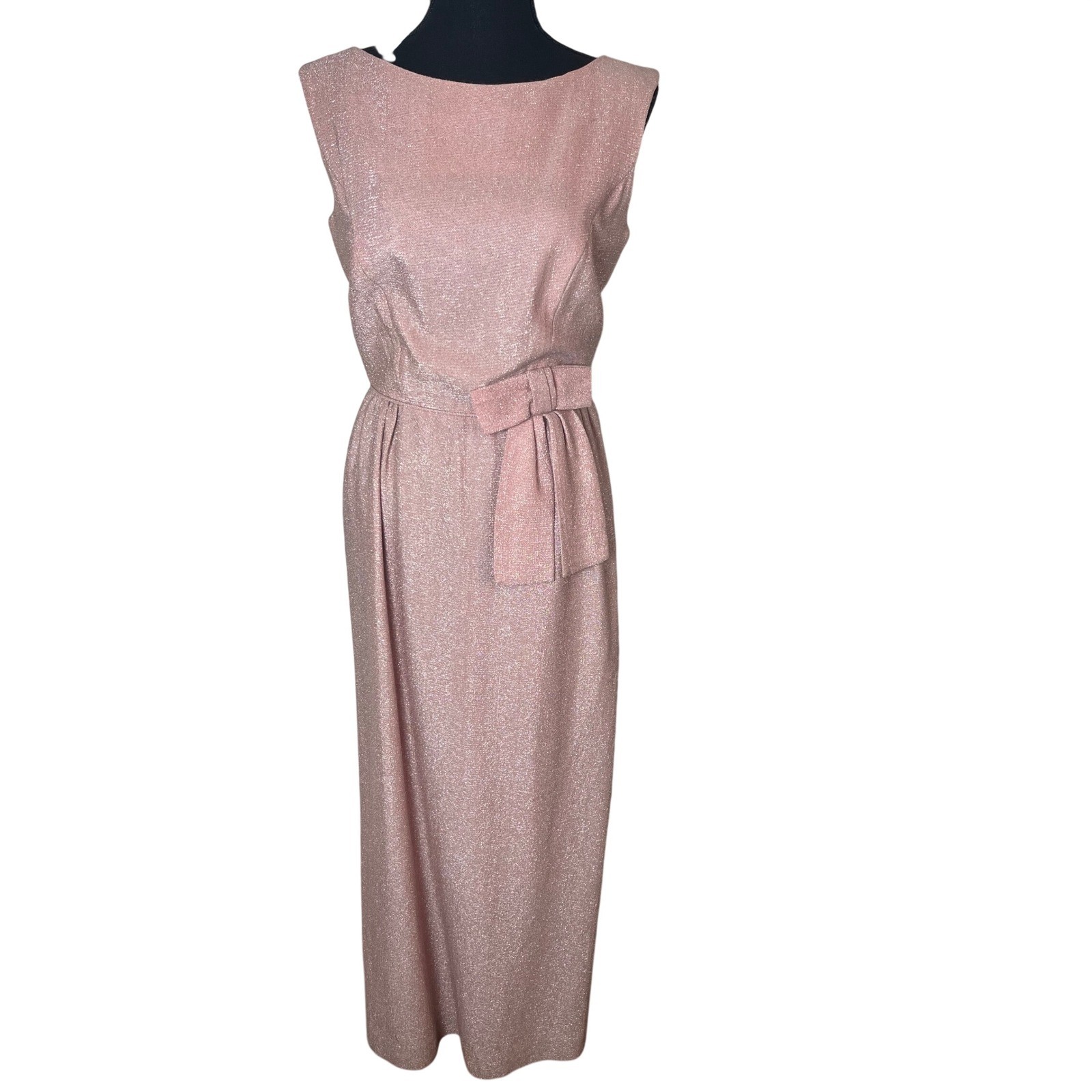 Vintage 50s 60s Rose Pink Metallic Lurex Column Gown Sleeveless Bow Waist Dress