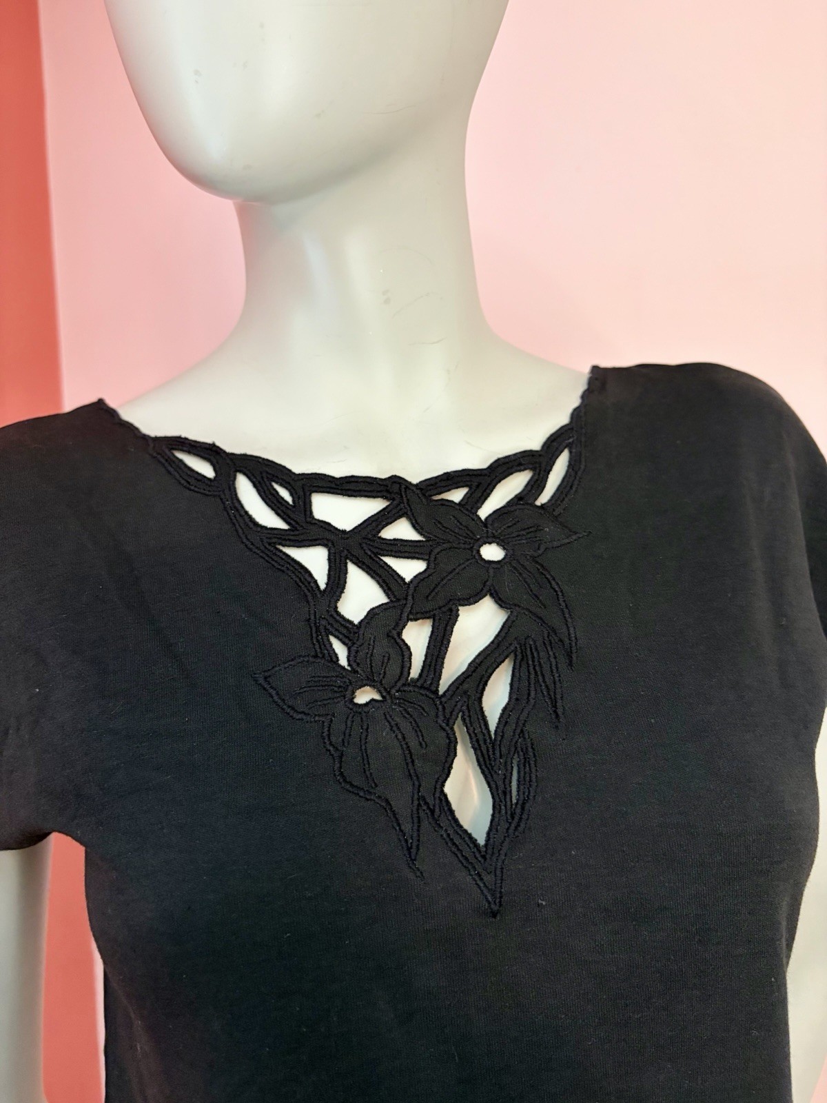 VTG NWT 80s 90s Black Cutout Floral Neckline Top Shirt soft goth dark romance M