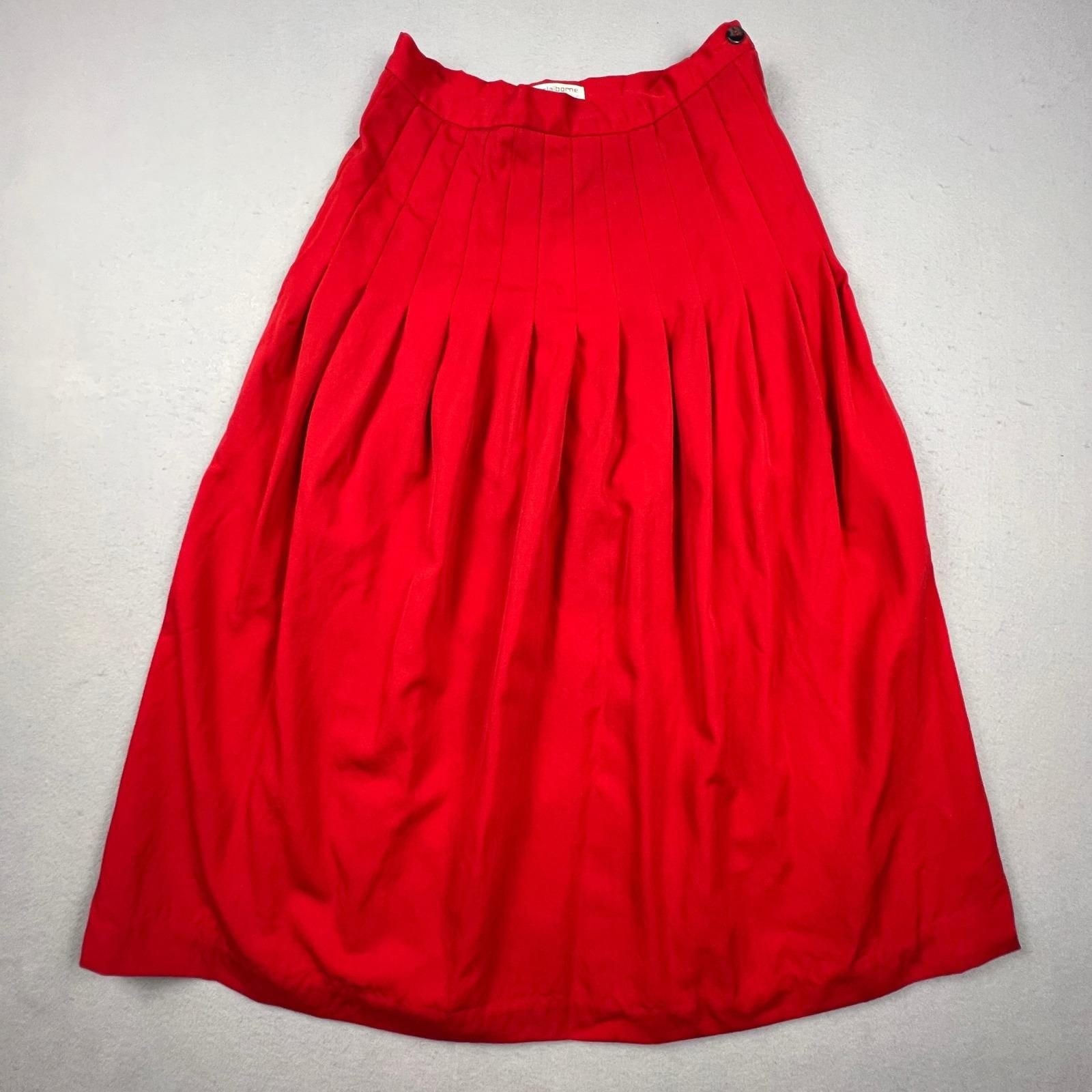VTG Liz Claiborne Pleated Midi Skirt Womens 10 Red 100% Wool Career Classic