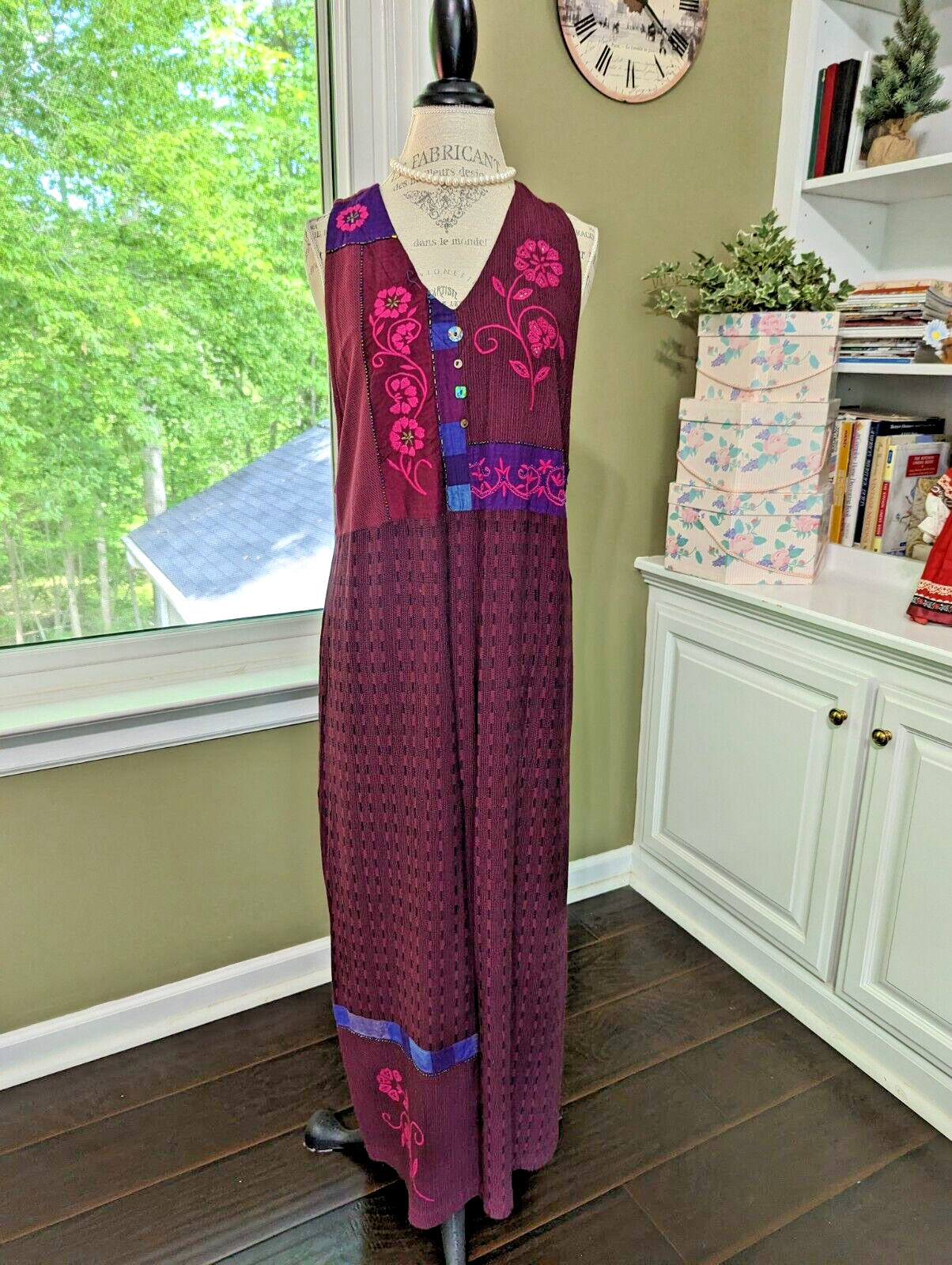 VTG LONG DRESS/ROMPER w/Diff. Fabrics-Embr-Beads-Mother of Pearl Accents-size L