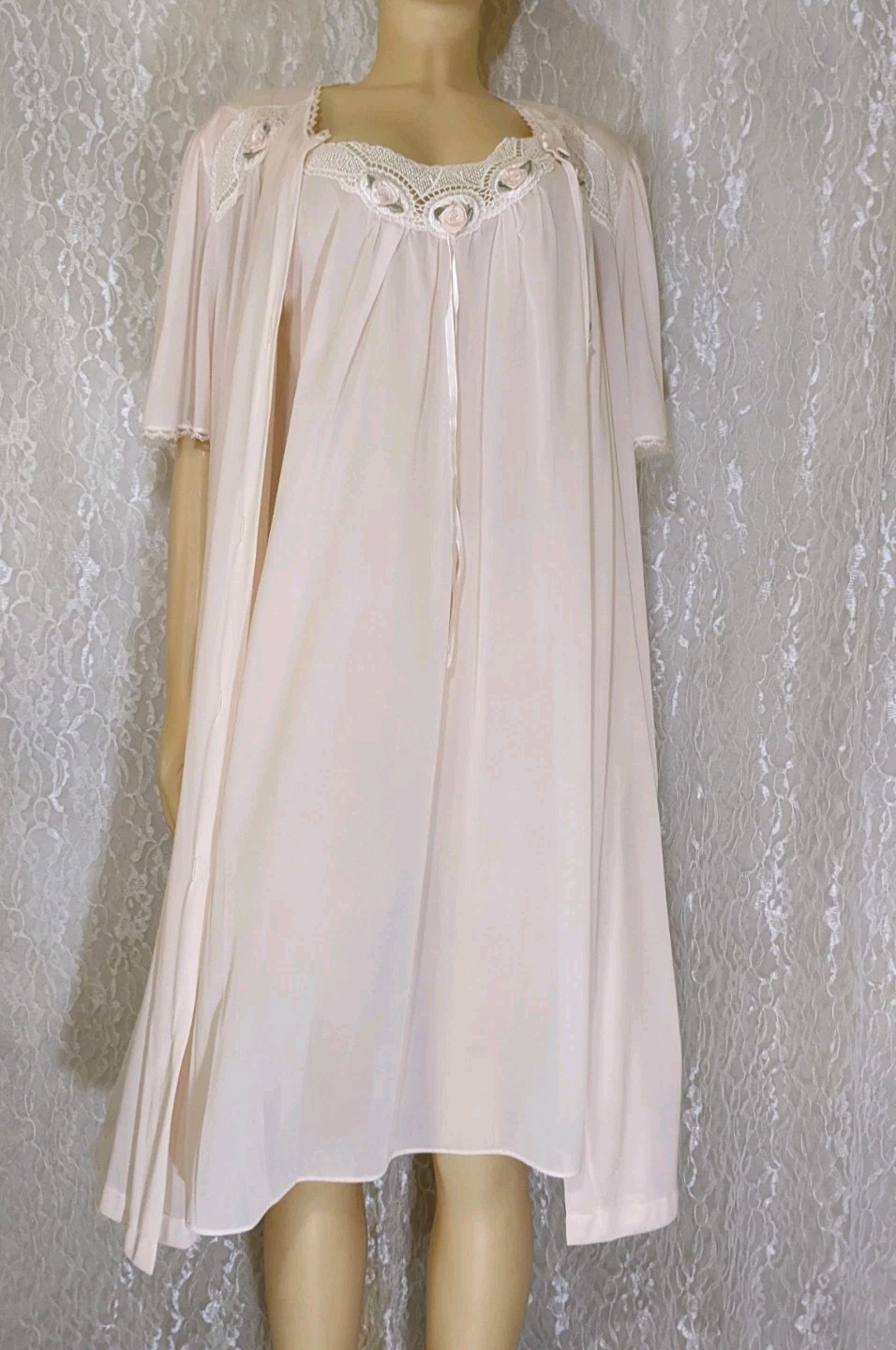 Vintage Lorraine Soft Pink Lightweight Lingerie Dress Nightgown Robe Set L