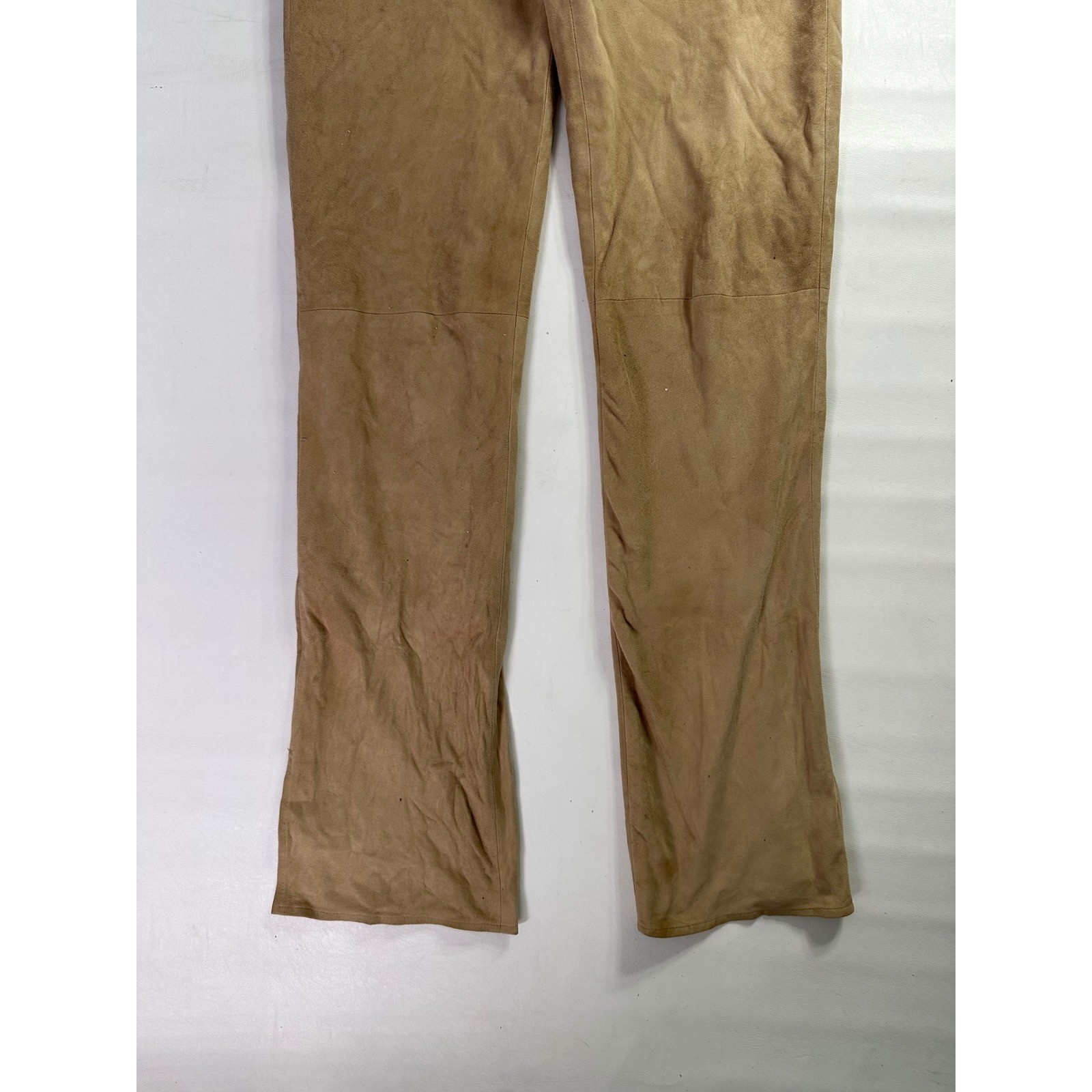 Cache Vintage Tan 100% Goat Suede Studded Rhinestone Straight Leg Pants Size 2