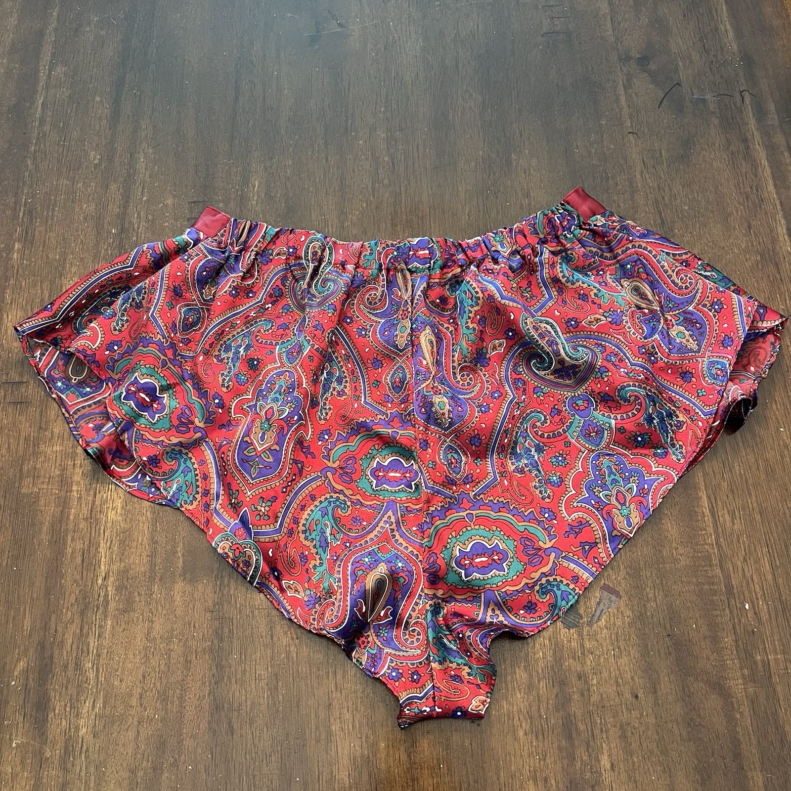 Vtg 90s Kathryn Lingerie Red Multi Paisley Satin Top & Shorts Set Size M