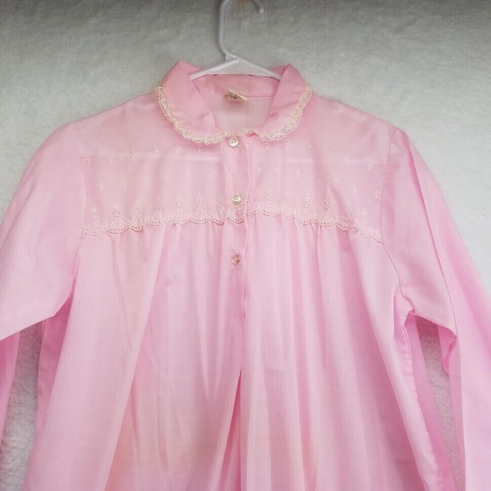 Katz Gown Womens 34 Pink Long Sleeve Buttons Eyelet Lace Vintage 60s Nightgown