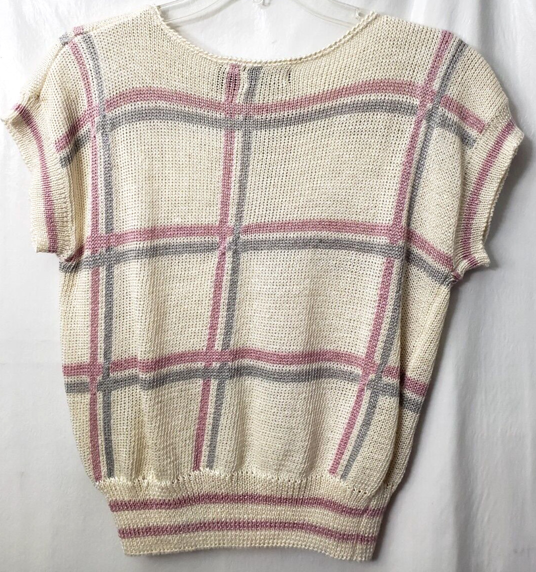 Kawaii Cottage Sweater Knit Top M Easter Ivory Pink Plaid Granny Twee VTG 80s