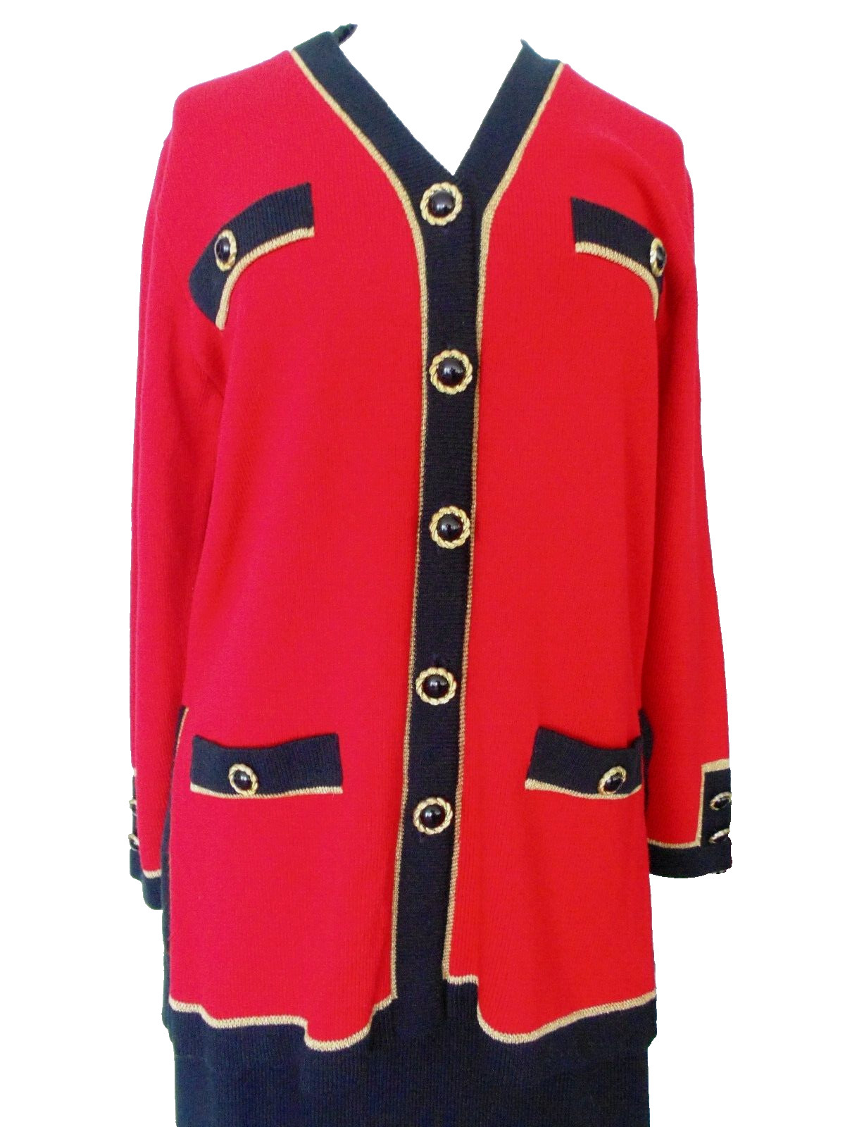 Vtg Laura Alyzia Sweater Knit Power Suit Blazer Skirt 2 Pc Set Red Black sz 12