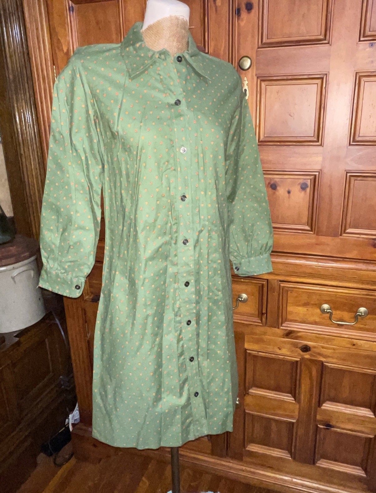 Vintage 60s Green Print Cotton Shirt Dress Button Front Mod St Patrick’s Day NOS
