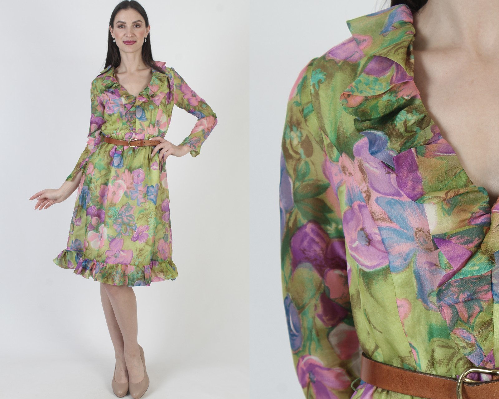 Vtg 60s Romantic Floral Dress Spring Pastel Garden Ruffle Knee Length Gown
