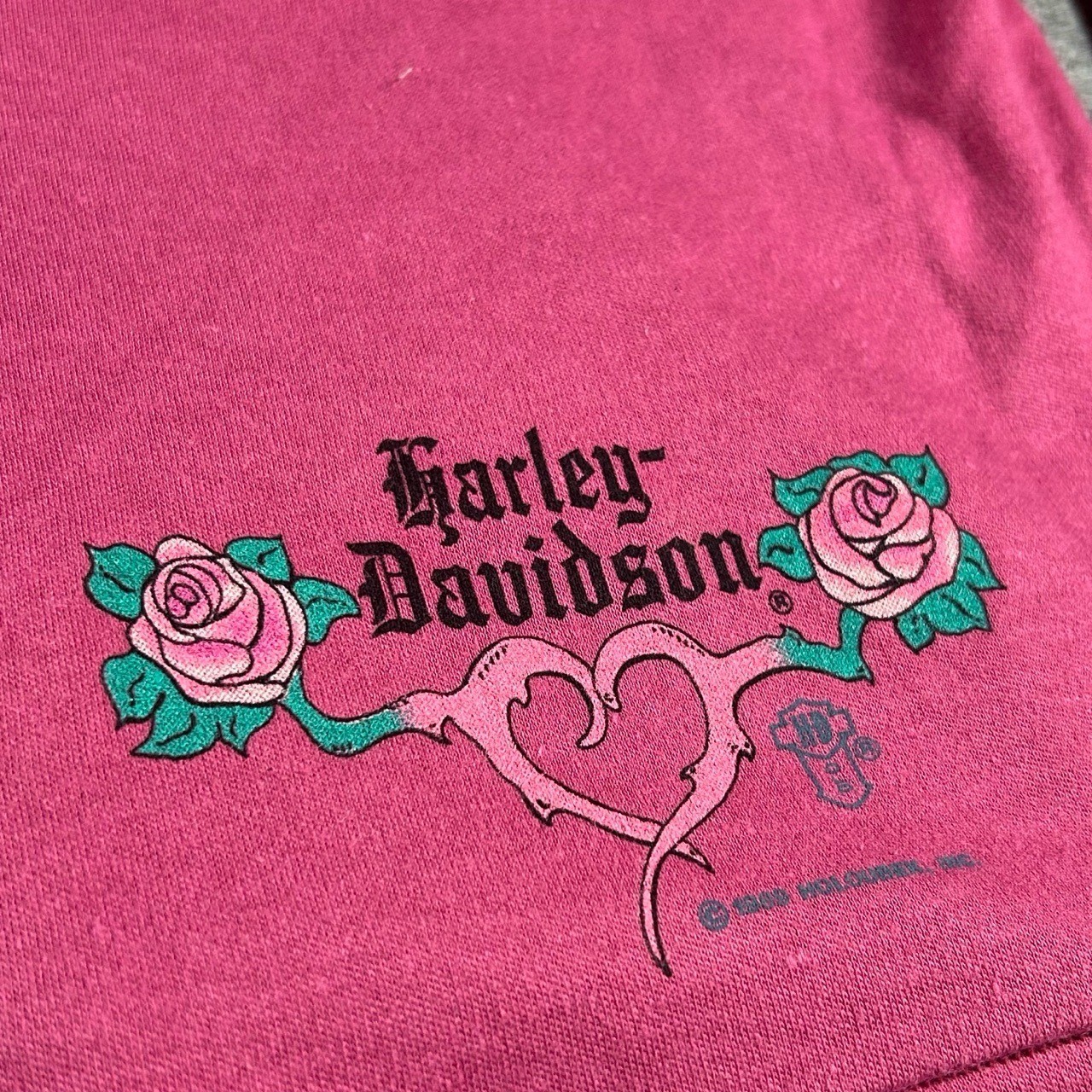 Vintage Harley-Davidson Shirt Womens Large Pink Floral V Neck 80s Biker Holubek