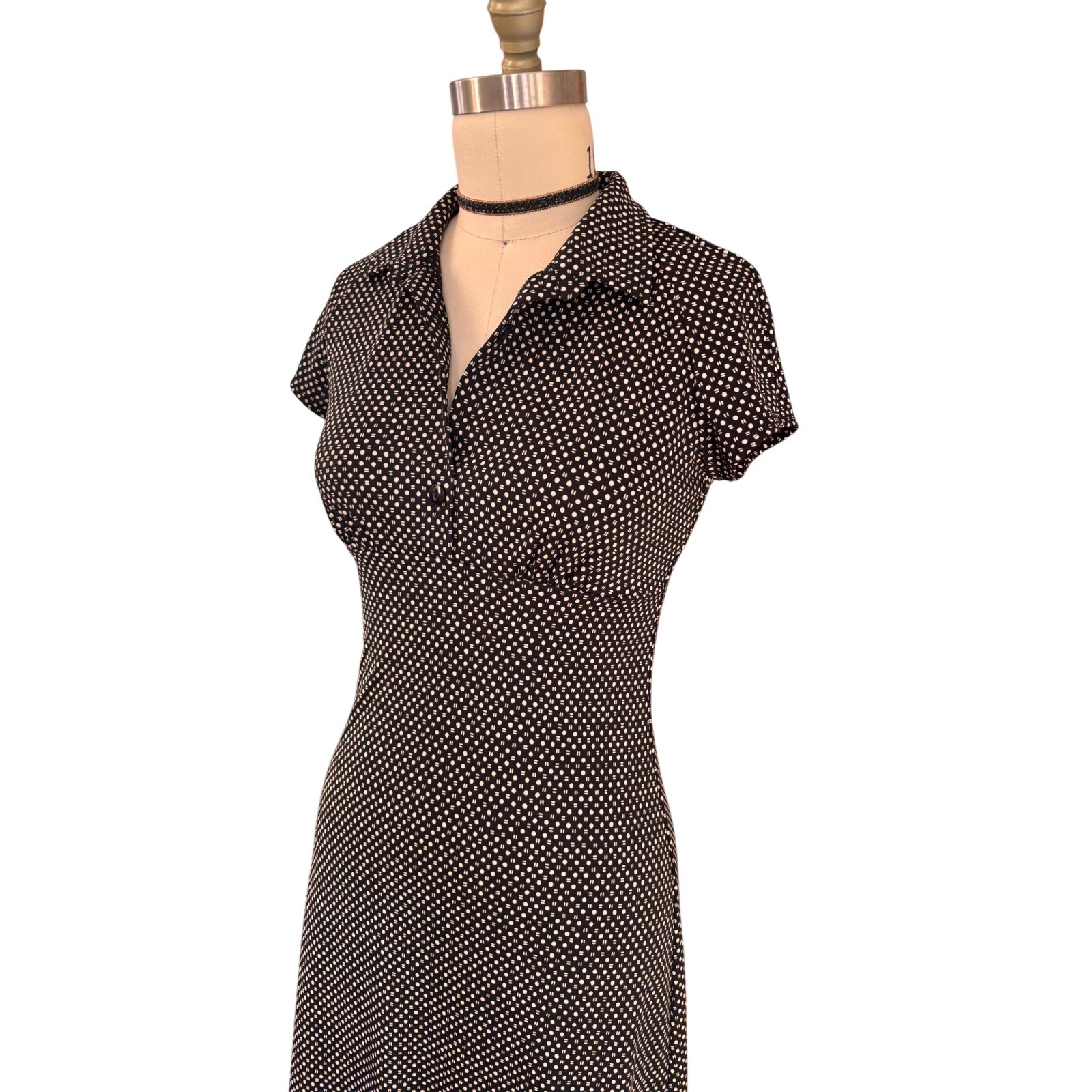 Polka Dot Geometric Byer Too! Collared Empire Waist Dress Small Black Vintage