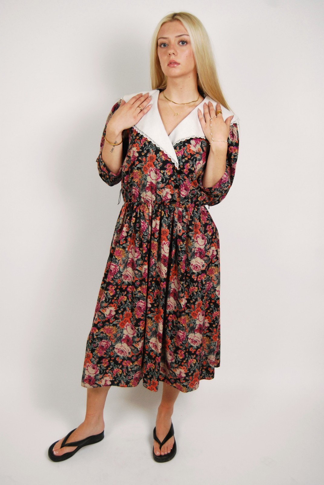 80s Peter Pan Collar Dress (XL) floral vintage black granny cottage grunge maxi