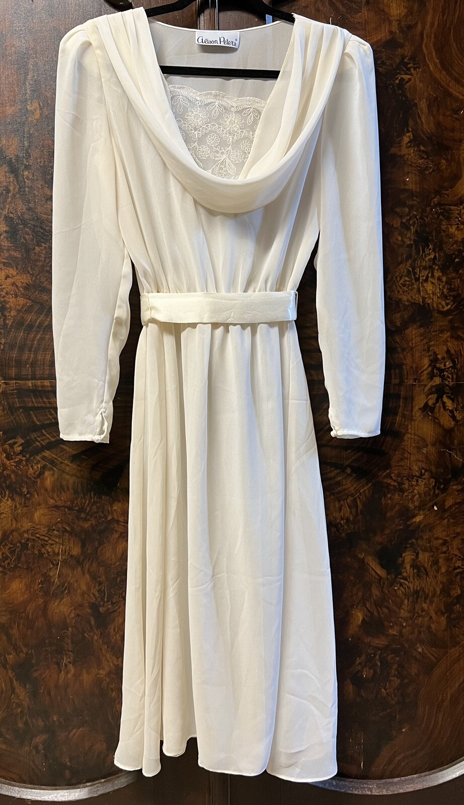 Vtg 80s Alison Peters Dress Sz S Ivory Wedding Lace Cowl Sheer Midi Satin Belt