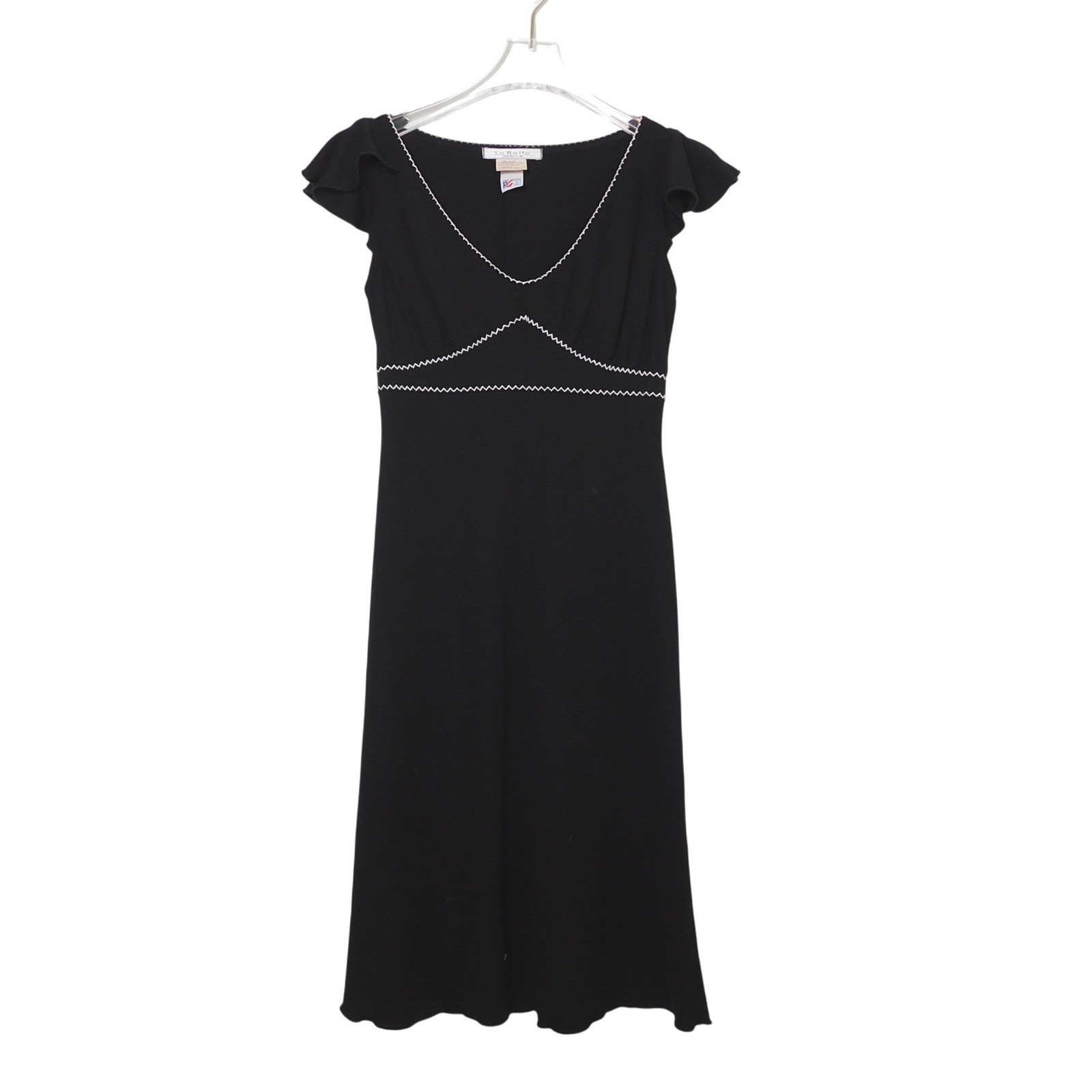 La Belle Vintage Black Ric-Rac Trim Midi Dress Flutter Sleeve V-Neck Small USA