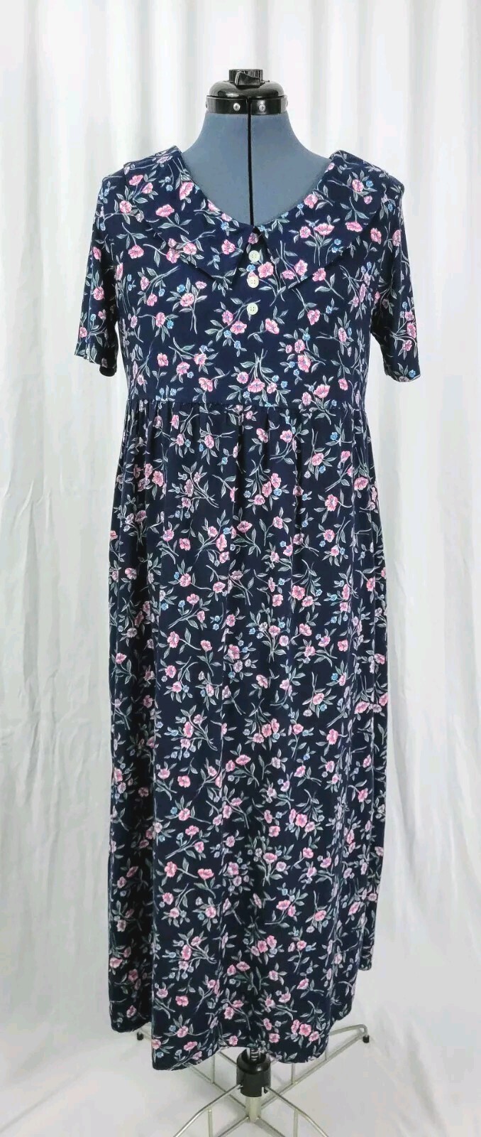 Vtg Ulterior Motives Navy Blue Floral Dress w Raised Waistline & Collar Size M
