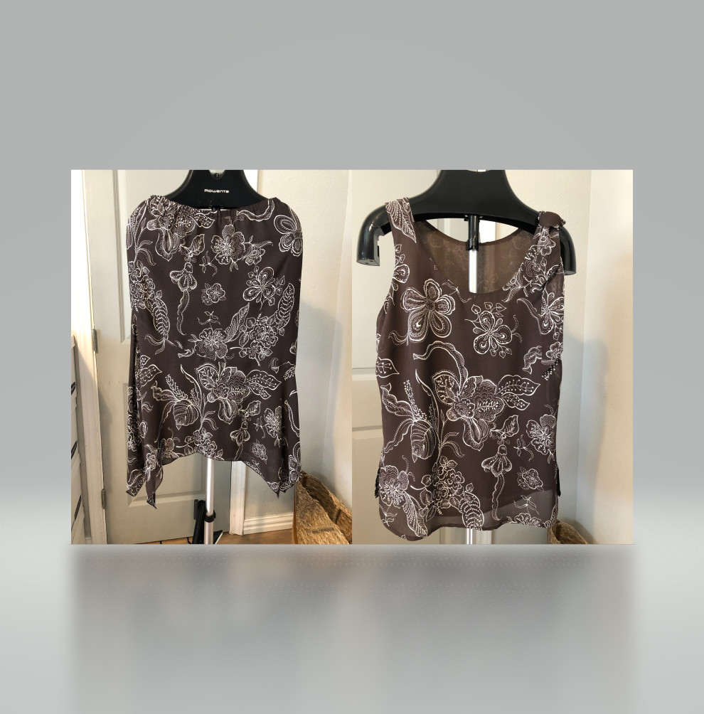 Vintage 90s Brown Floral Skirt Set L 10 12 Lined Asymmetric Hanky Hem Bow Blouse