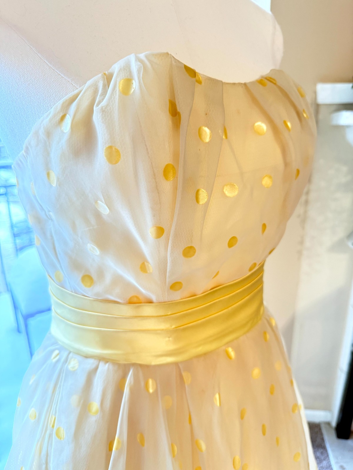 Vintage 1950s White Dress Yellow Polka Dots Tulle Chiffon Union Made