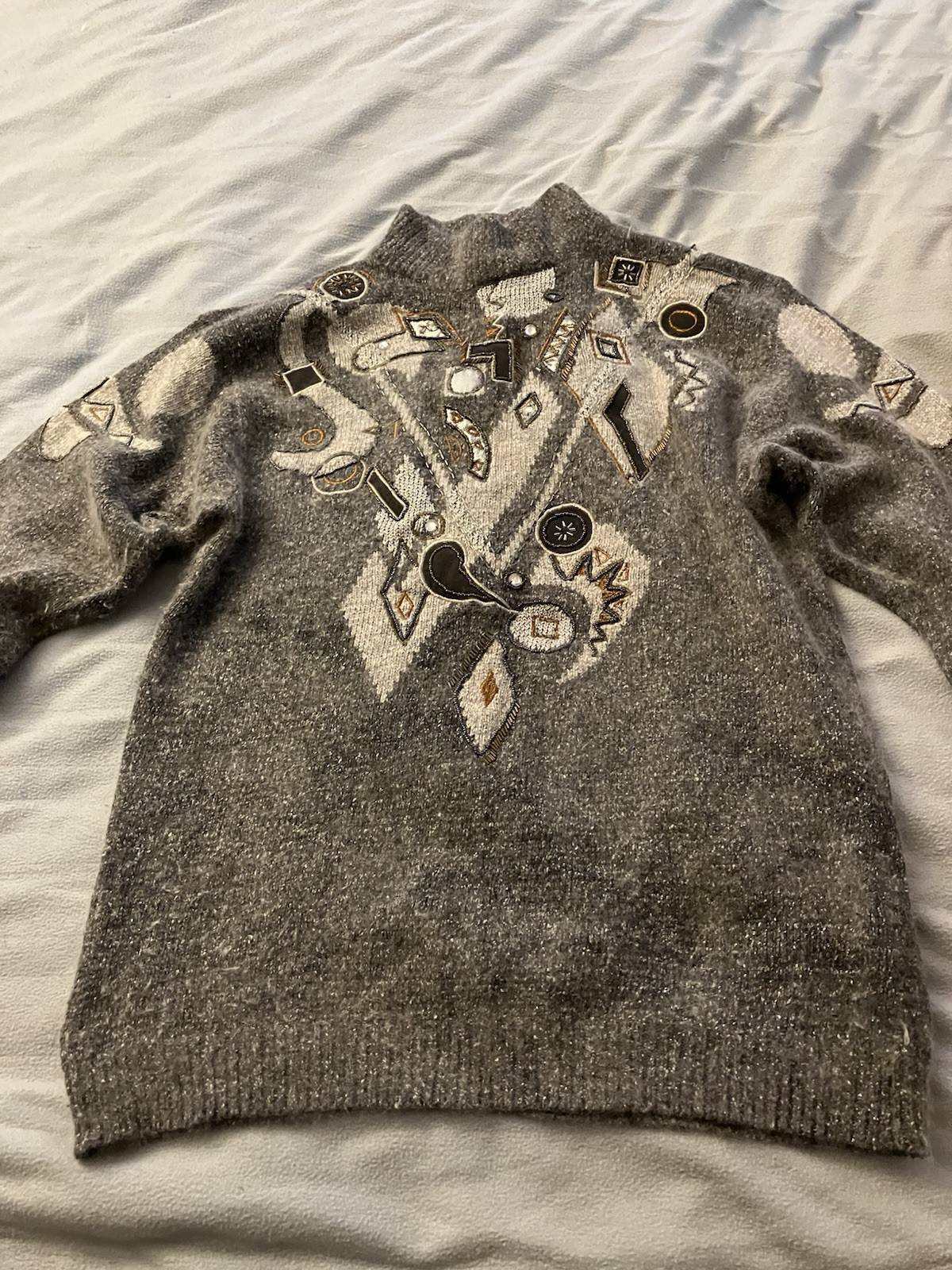 Vintage Arlando Womens L Gray Pullover Sweater-Beads , Silk, Nylon & Angora