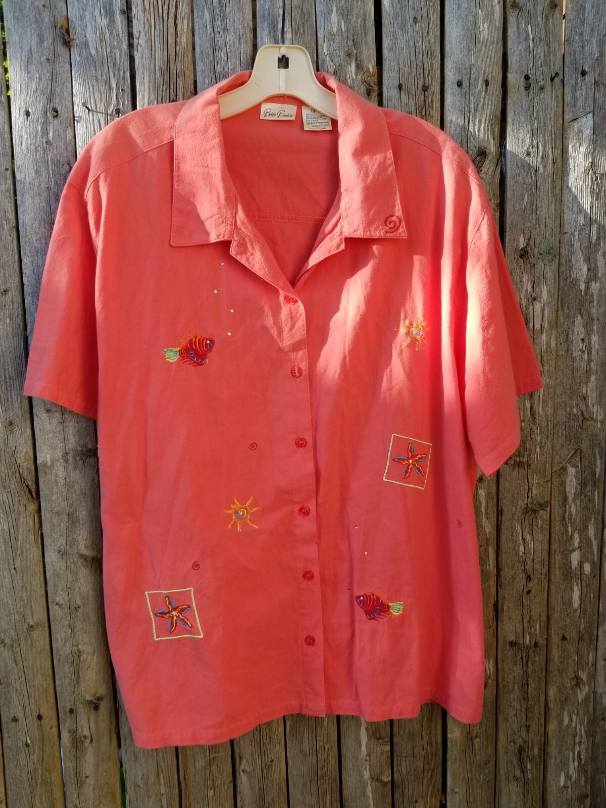 FUN PEACH 80s VINTAGE Sz 16/18 XL Nautical Embroidery SS Cotton Blouse Top SMALL