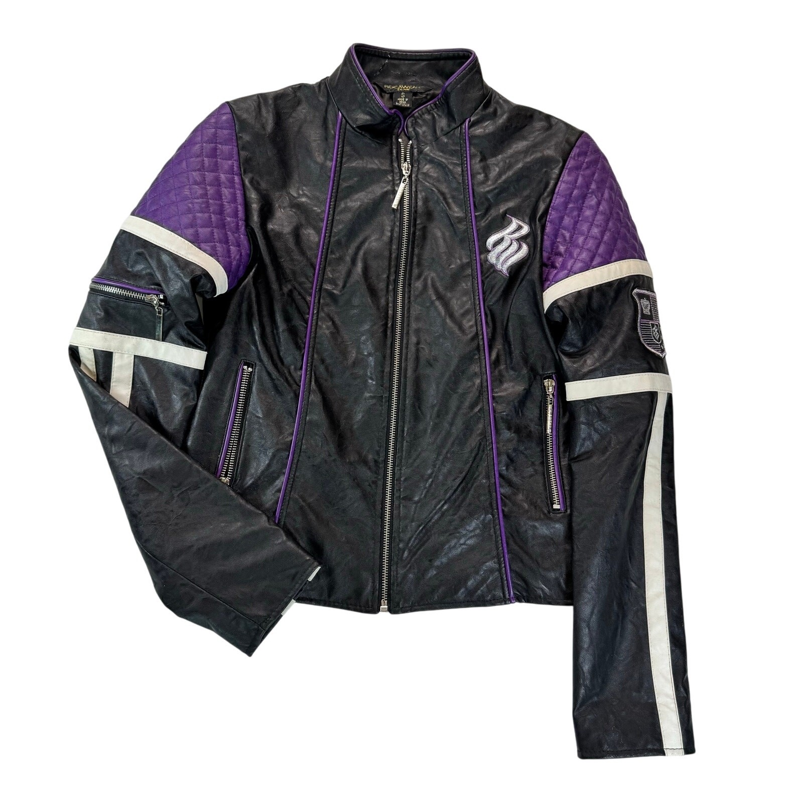 Vtg Rocawear Moto Jacket Black Purple Quilted Patch Women S XS/S Y2K Streetwear