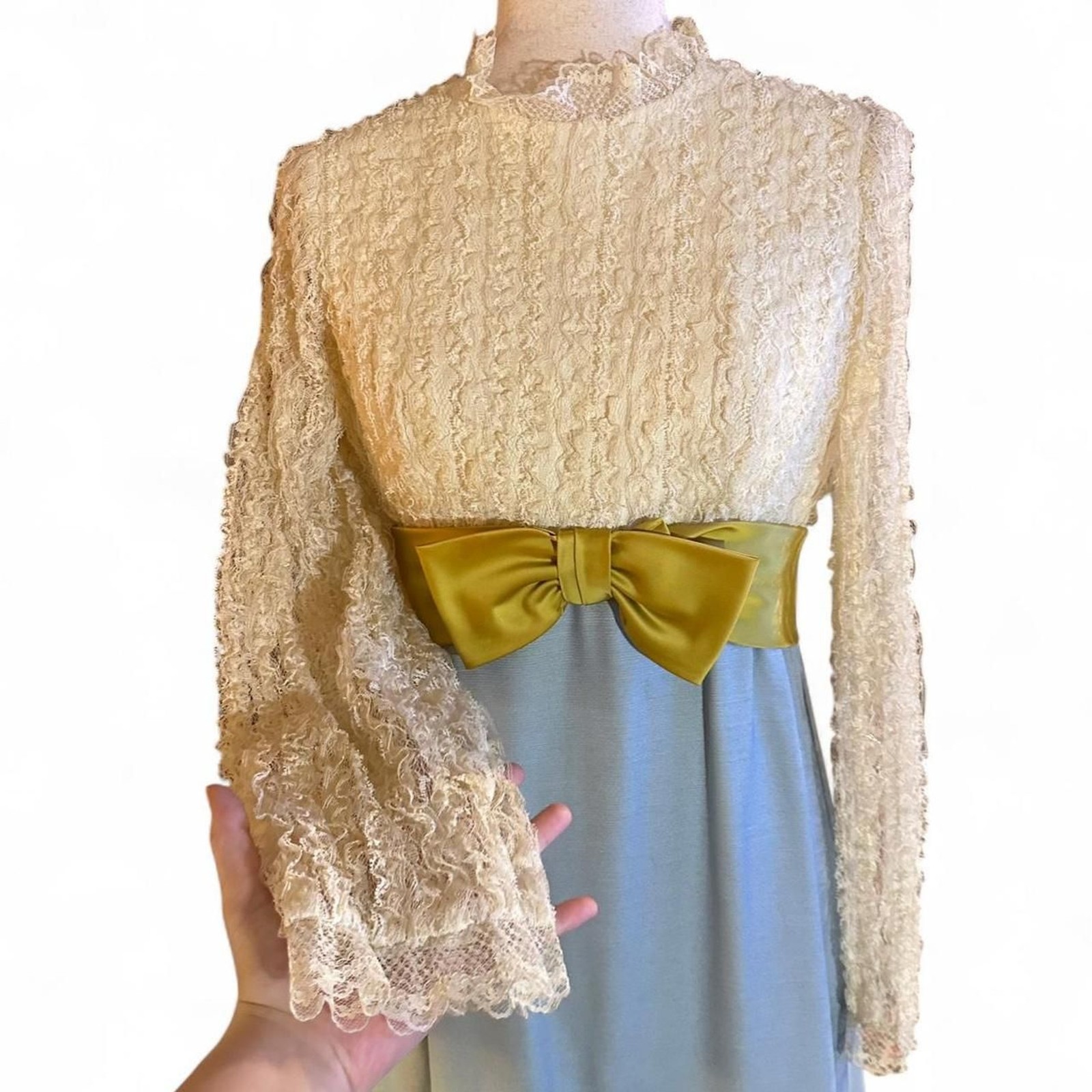 60s Lace Blue, Chartreuse w/ Creme Empire Waist w/Satin Bow Belted Prairie Dress