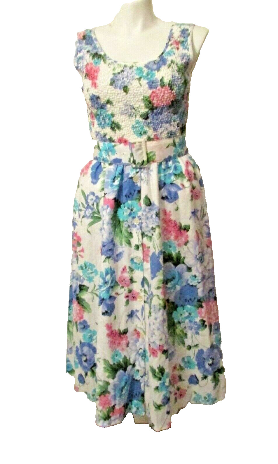 80s Jeffrey & Dara Linda Hutley Cotton Floral Smoked Bodice Dress 11/12 USA made