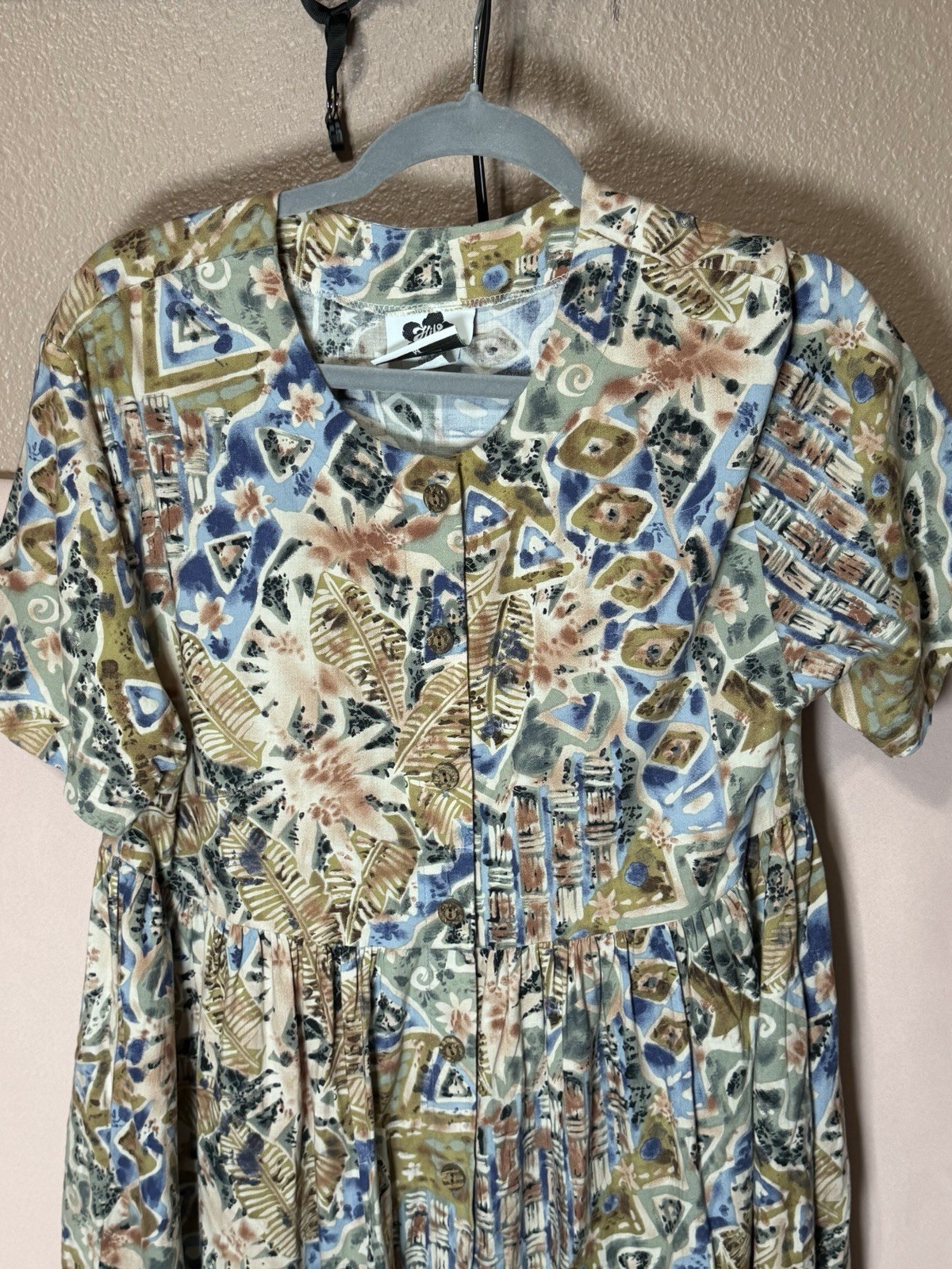 VTG 90s Hilo Hattie Batik Tribal Muted Pastel Rayon Midi Dress SZ M