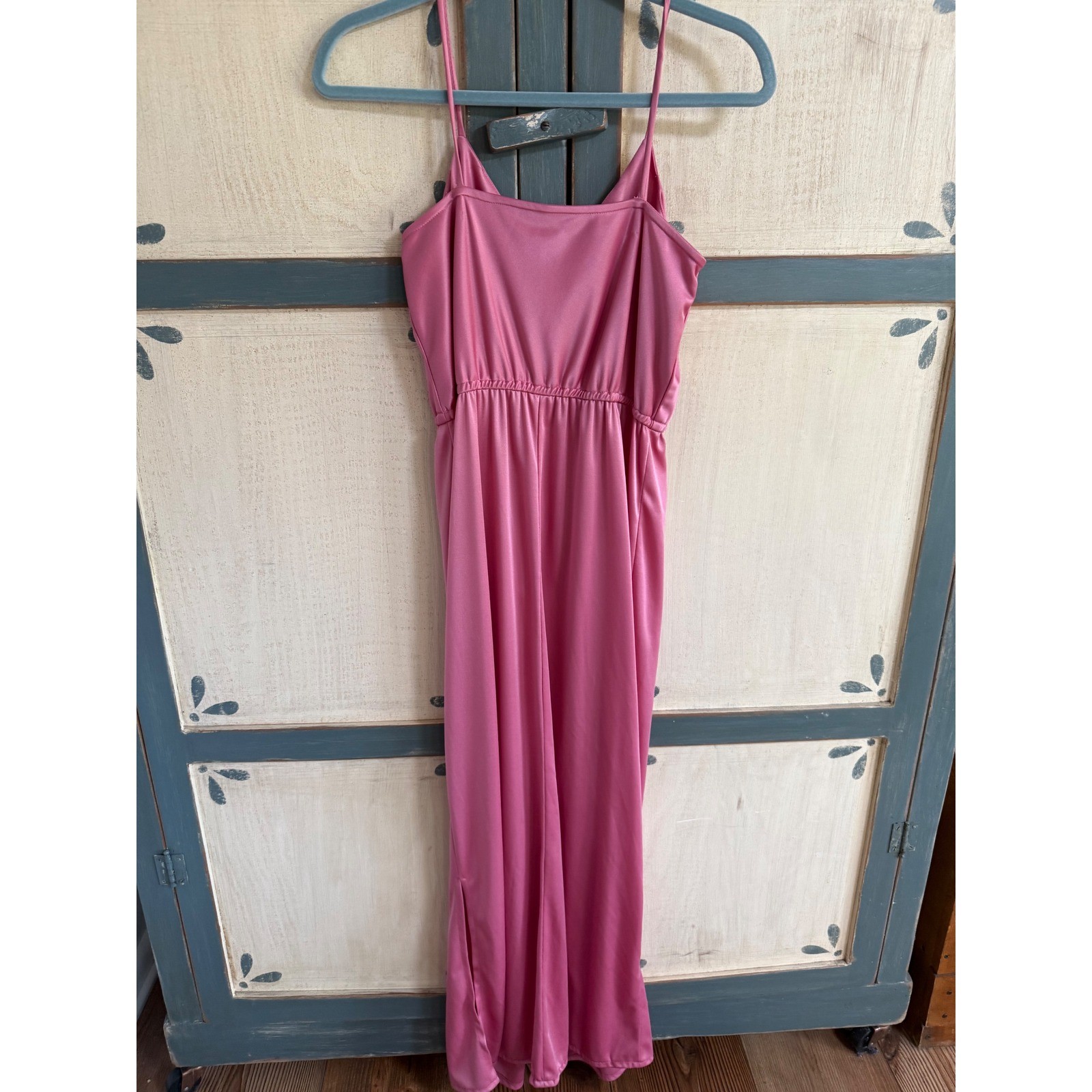 Vintage Pink Satin Maxi Dress V-Neck Spaghetti Strap Elastic Waist 11/12 Prom