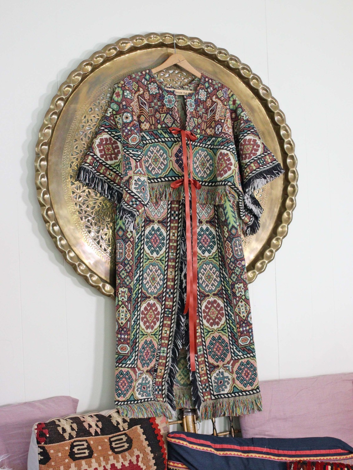 Vintage Woven Cotton Tapestry Blanket Coat Fringe Hem Rust Ribbon Ties Green