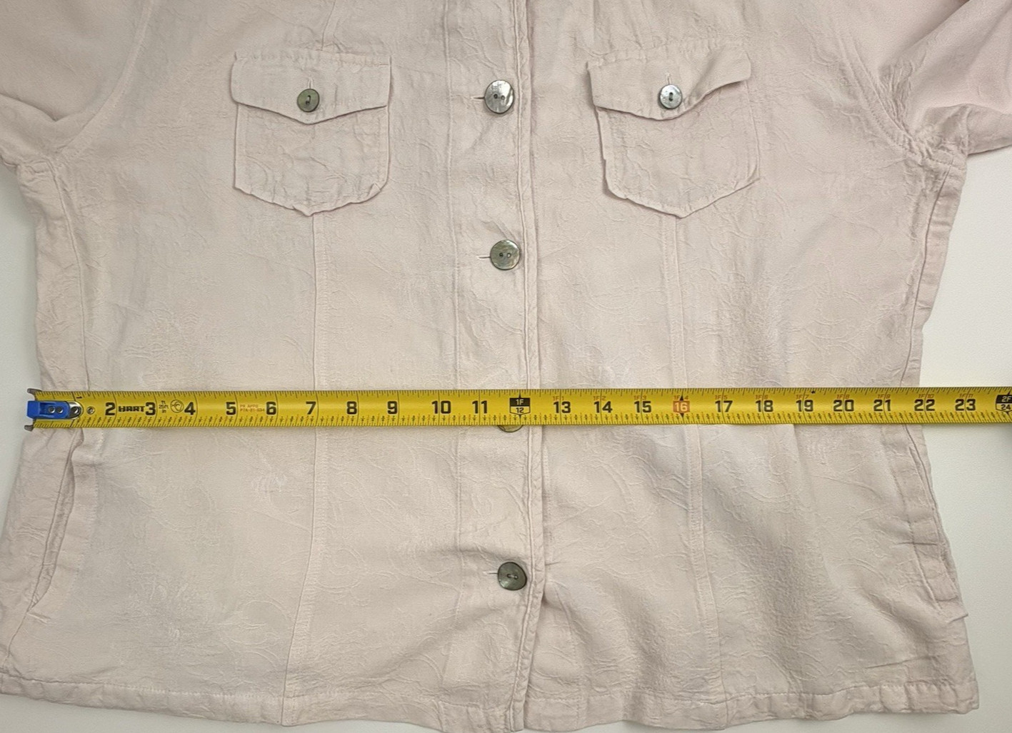 VTG Chico’s Design Linen Blend Jacket Pastel Pink Embossed Mandarin Collar L 3