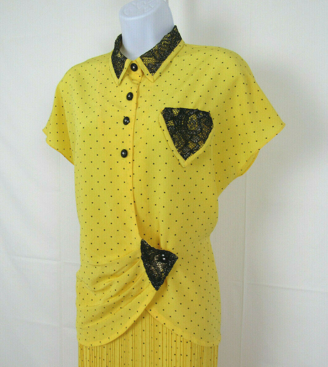 VTG 1980s GAUNILLO OF FRANCE DESIGNER SKIRT & TOP YELLOW BLACK & SILVER LACE