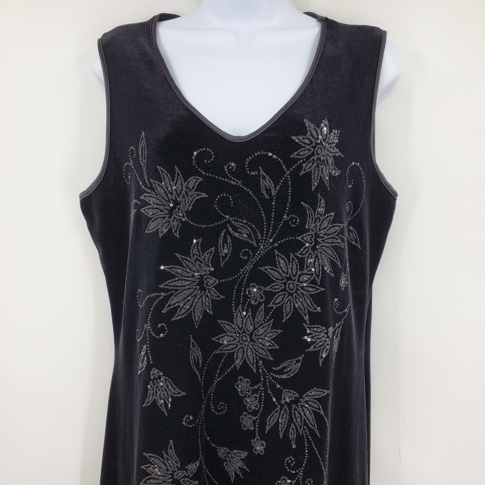Fashion Bug Vintage Black Velvet Floral Embroidered Midi Dress Asymmetrical Hem