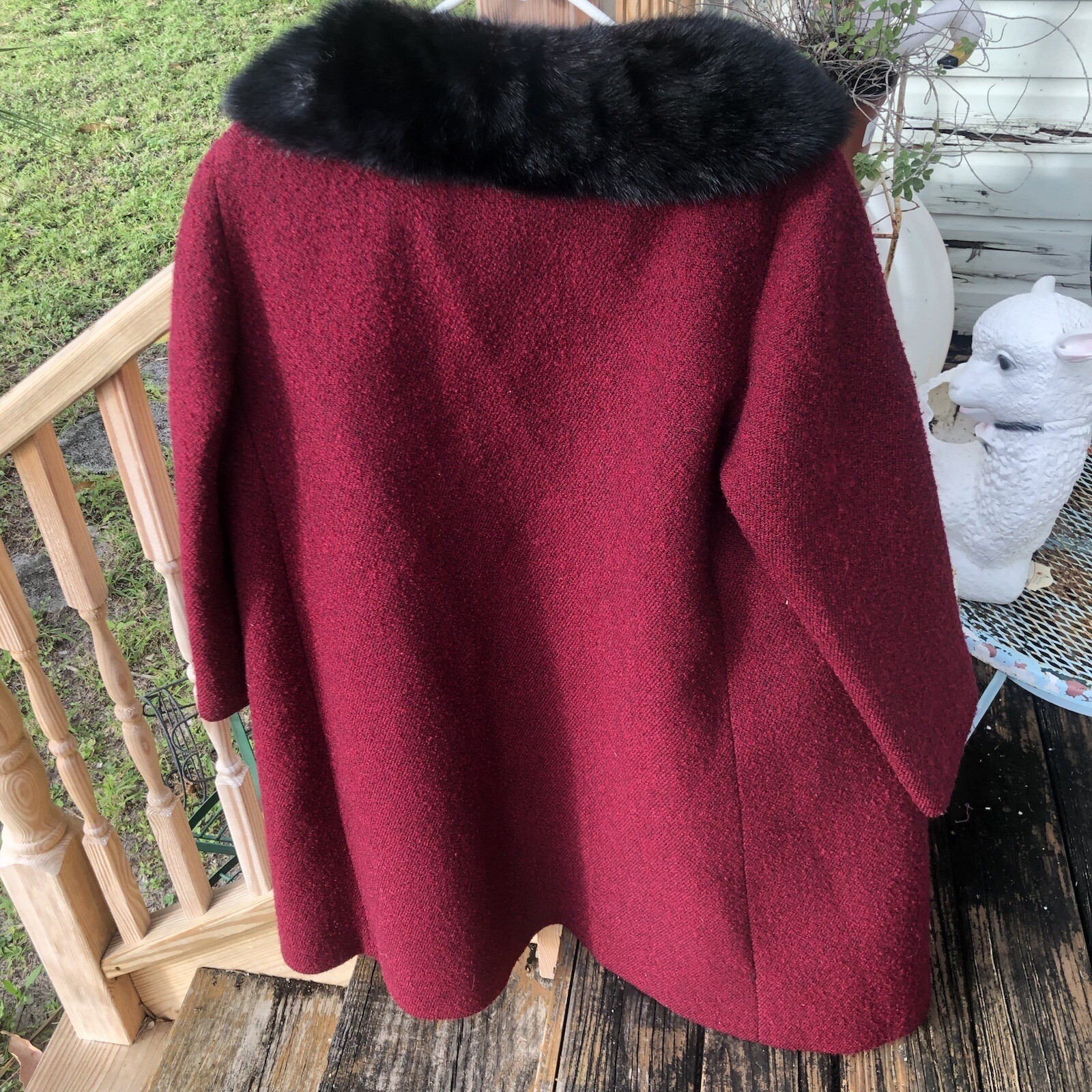John Wanamaker Brynwood Wool Coat Sz M L Fur Collar Burgundy Lined Vtg 50 Womens