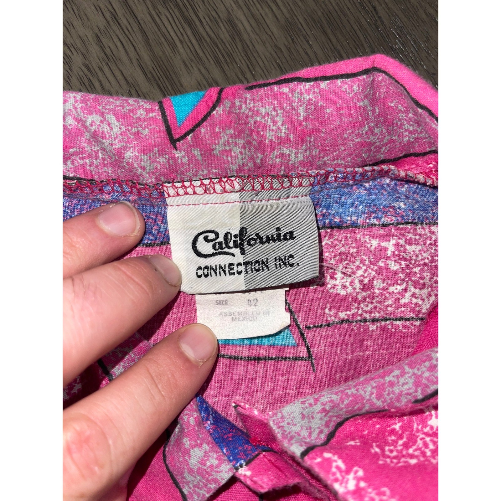 California Connection Inc Wmns 42 Pink Shirt 80s Geometric Abstract Print Vntg