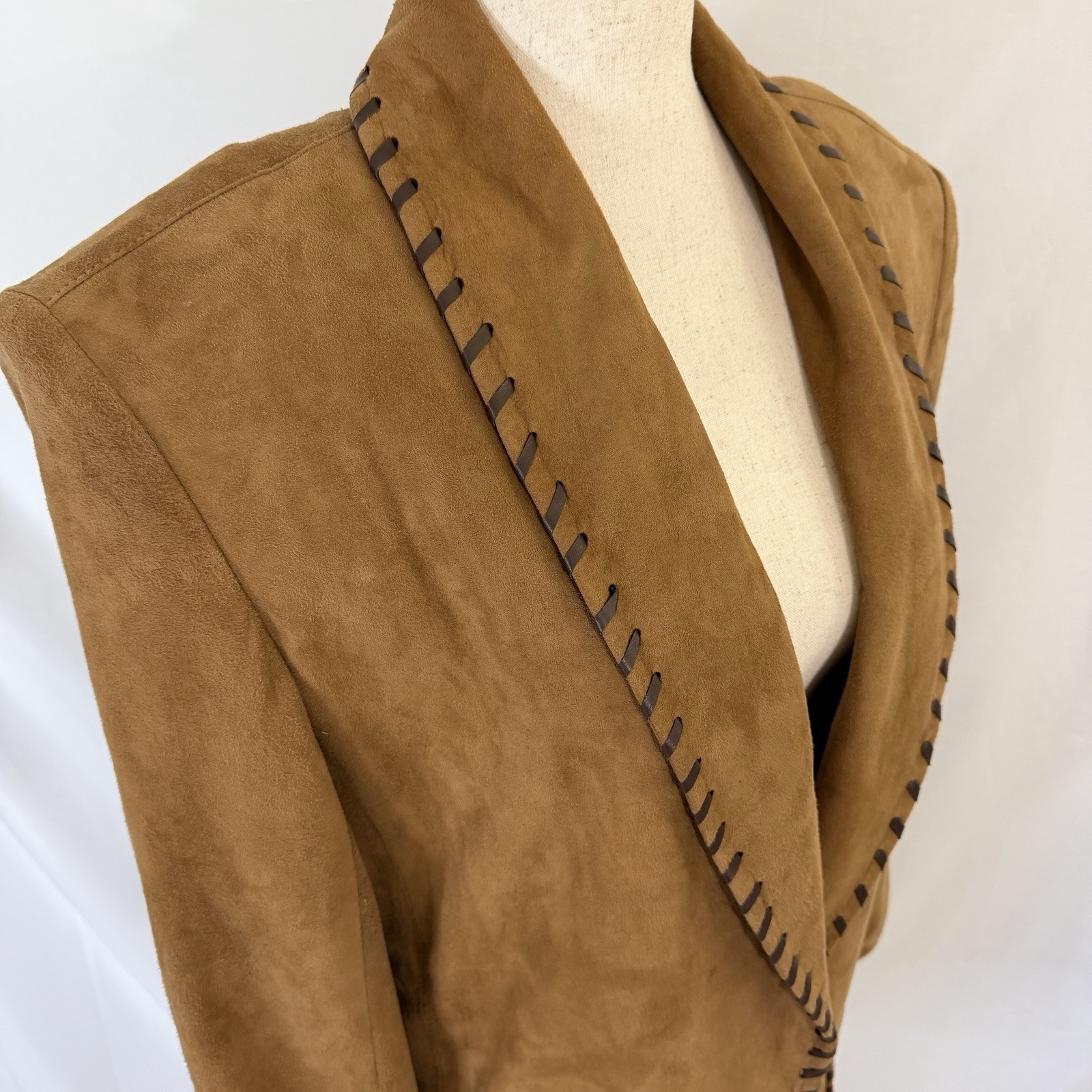 Vintage 90s Vakko Brown Leather Blazer style Jacket Small Whip Stitch Detail