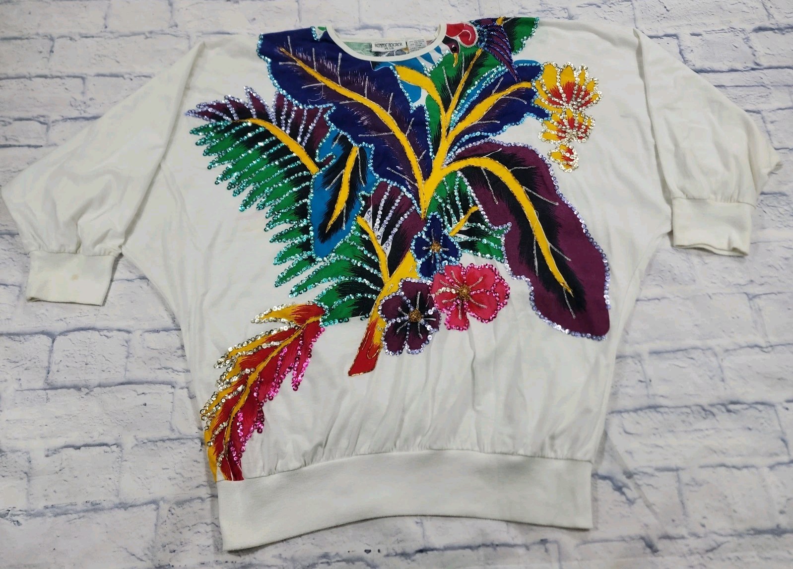 Bonnie Boerer Top WOMENS 2X Floral Sequins Shirt Beaded Retro VINTAGE 90s White