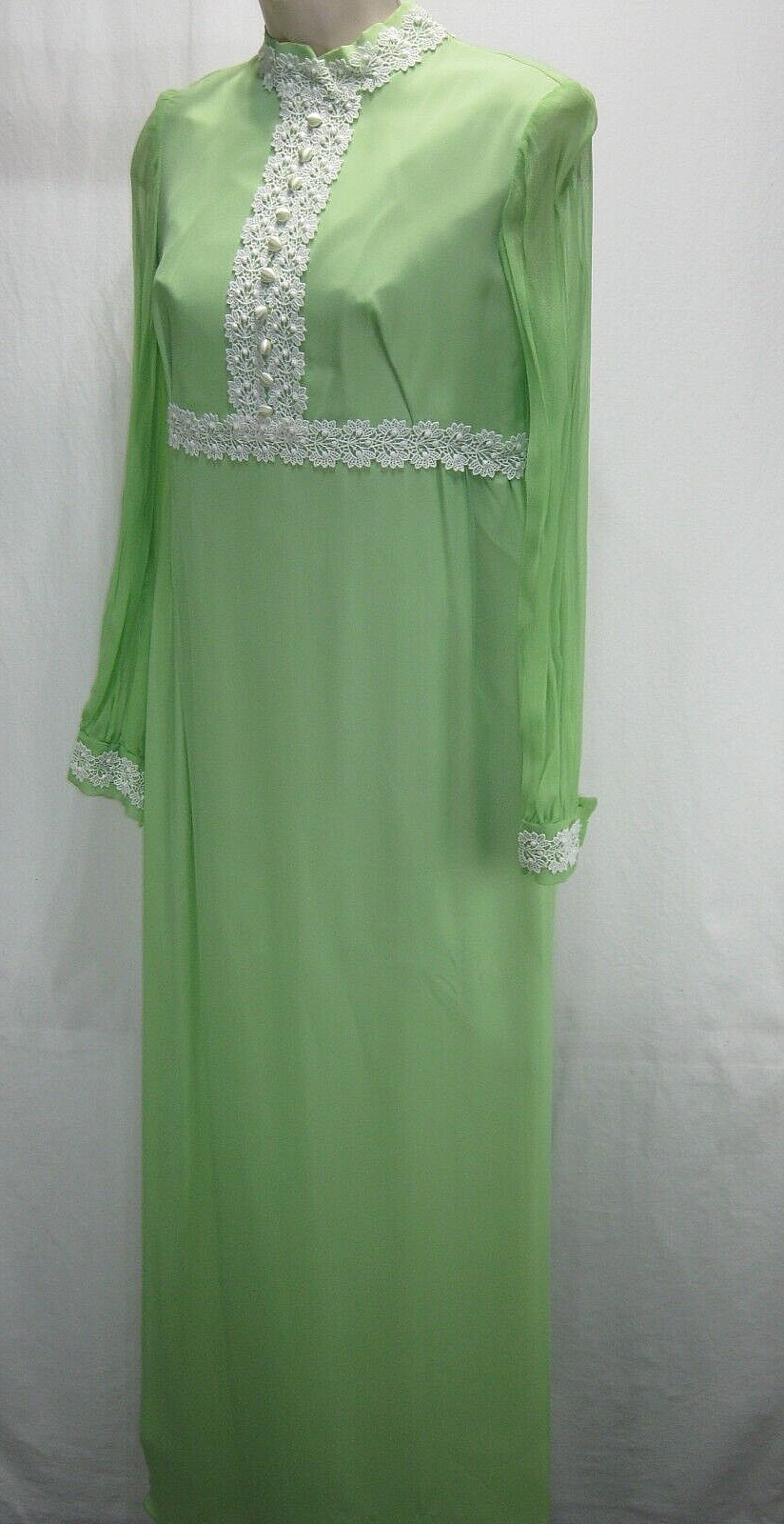 Vtg 60s 70s MOD Green MAXI PROM DRESS Chiffon BOHO Bishop Sleeves EMPIRE Sz 8