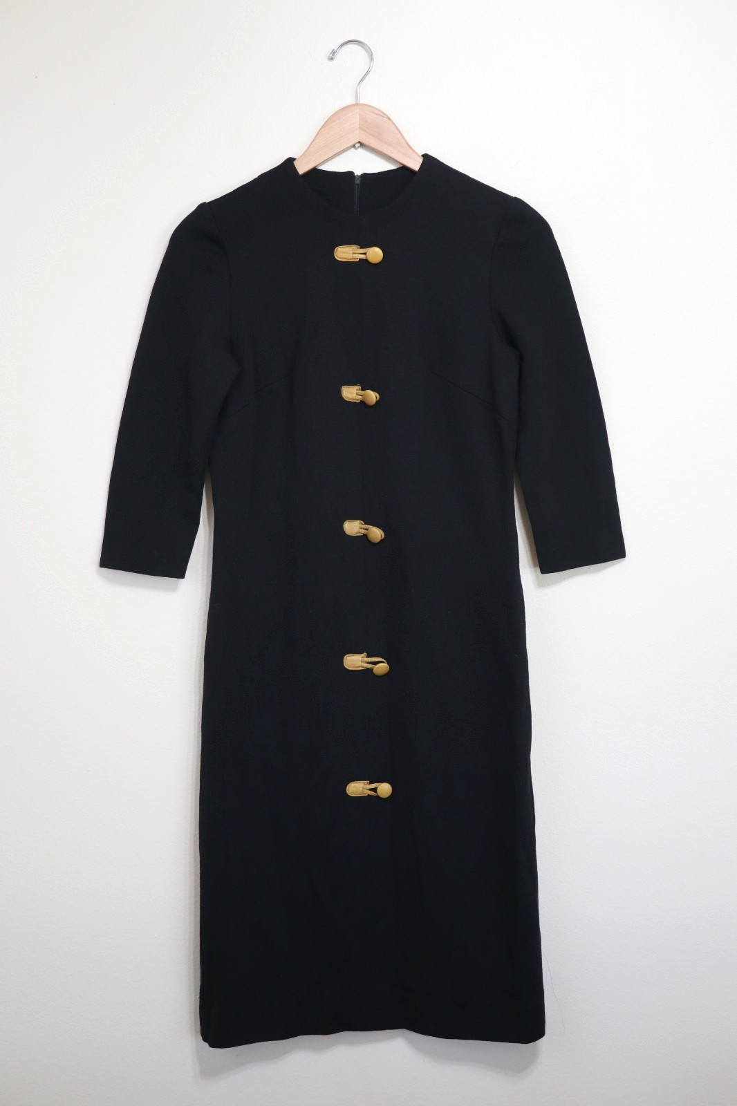 60s Vintage Kay Windsor Black Knit Jersey Yellow Buttons Sheath Dress Women XS S