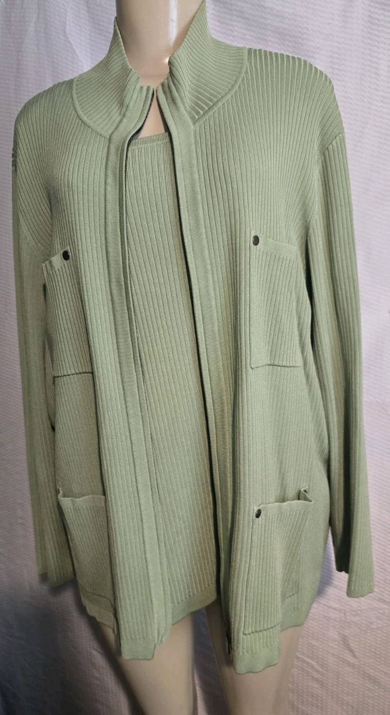 Elana by Tanner Silk 2-Piece Cardigan Jacket w Twin Tank Set Womens Size 2X Sage