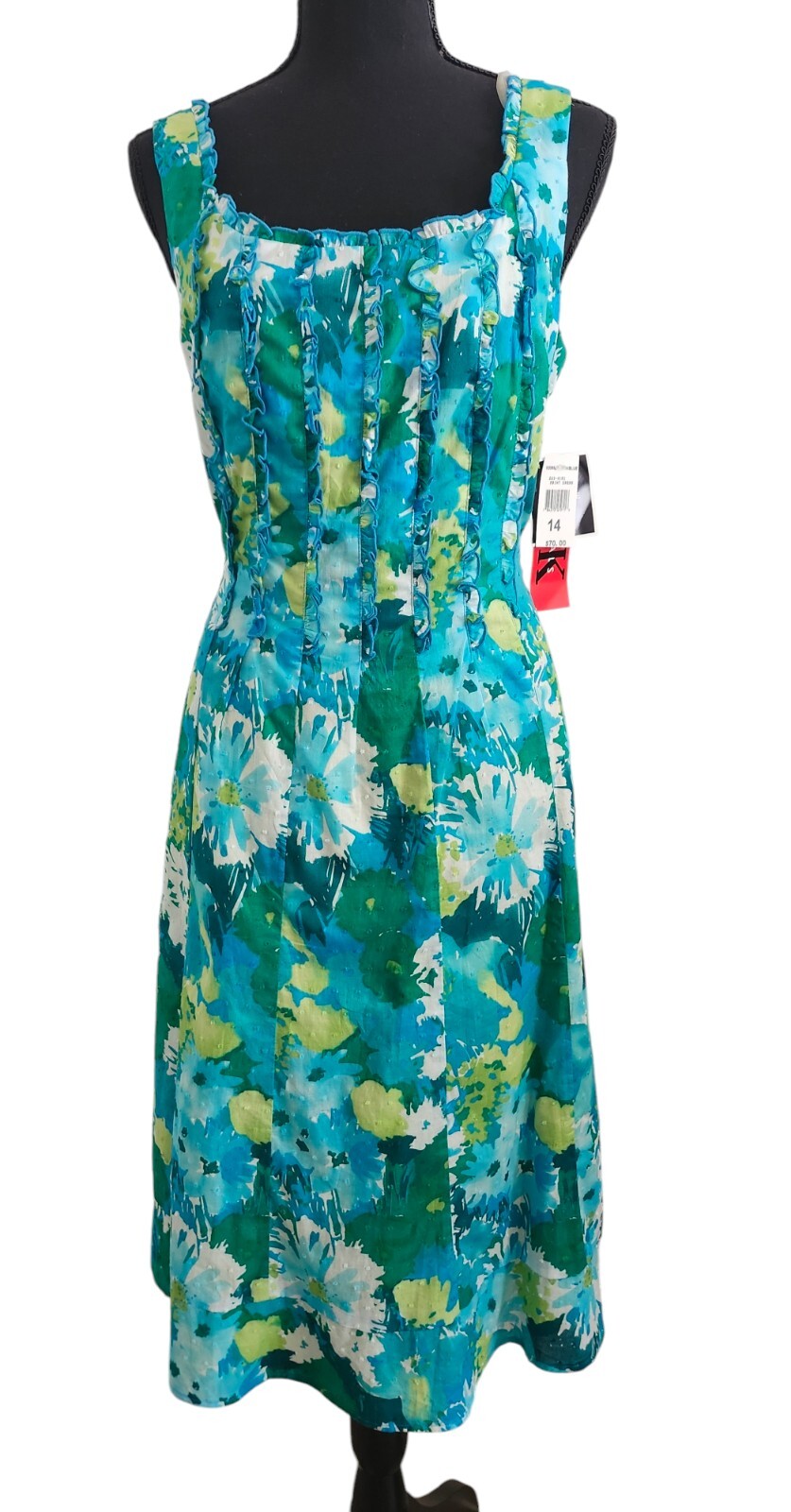 VTG R & K Originals Sleeveless Midi Dress Blues & Green Sz 14 Late 80s Early 90s