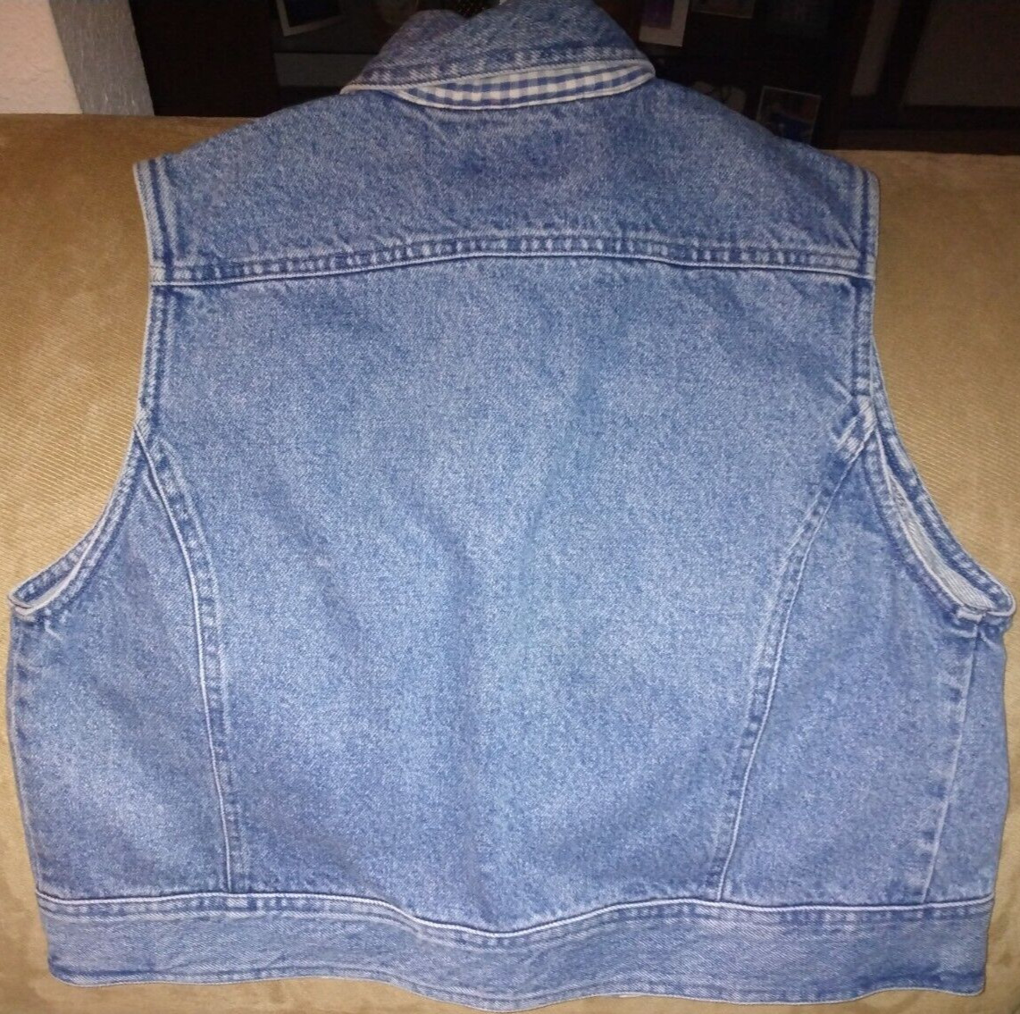 VINTAGE CAMBRIDGE DRY GOODS CDG DENIM JACKET VEST BLUE CHECK TRIM SZ S WOMEN